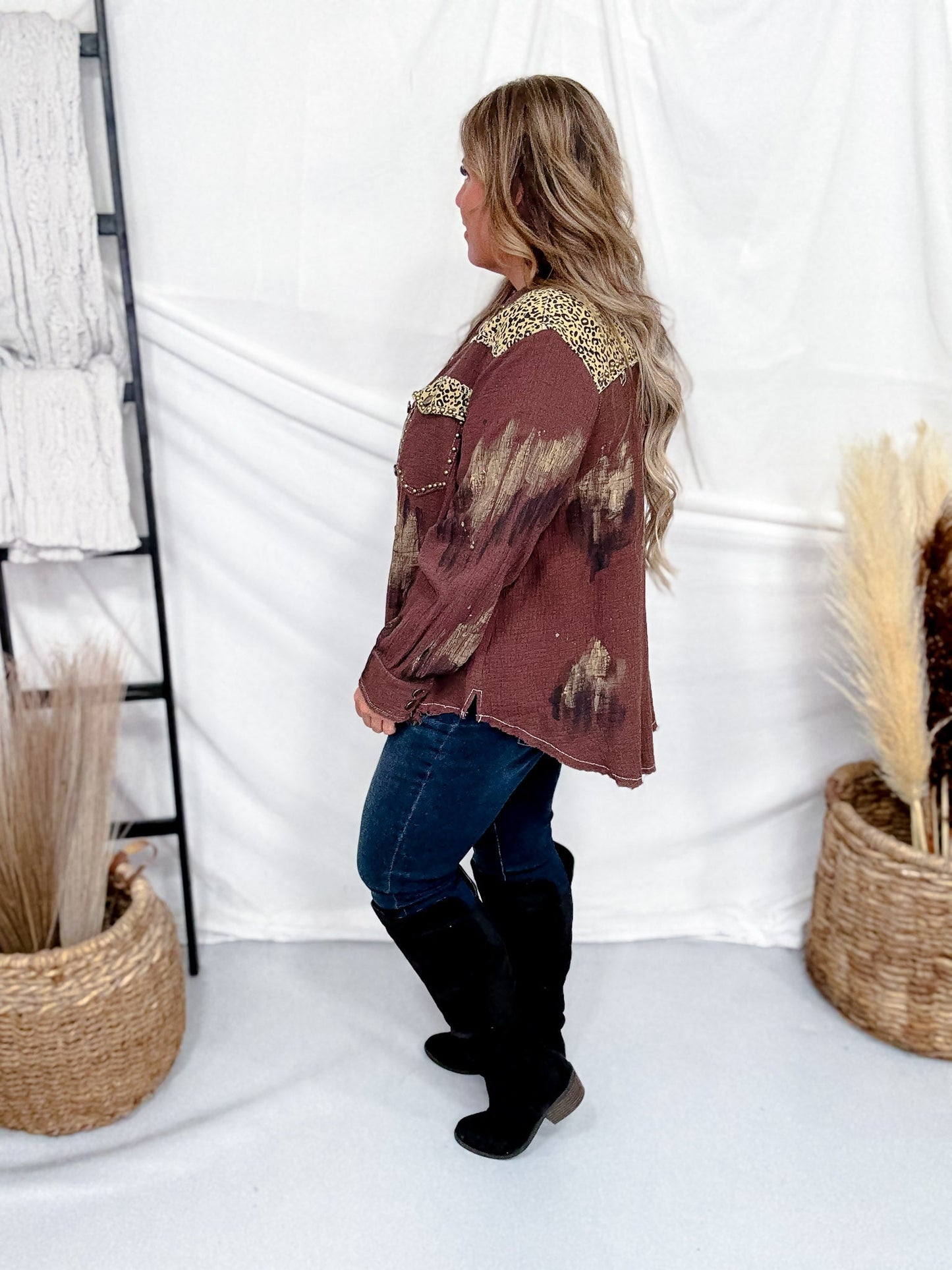 Brown Distressed Shacket With Leopard Print Patches - Whiskey Skies - POL CLOTHING INC.