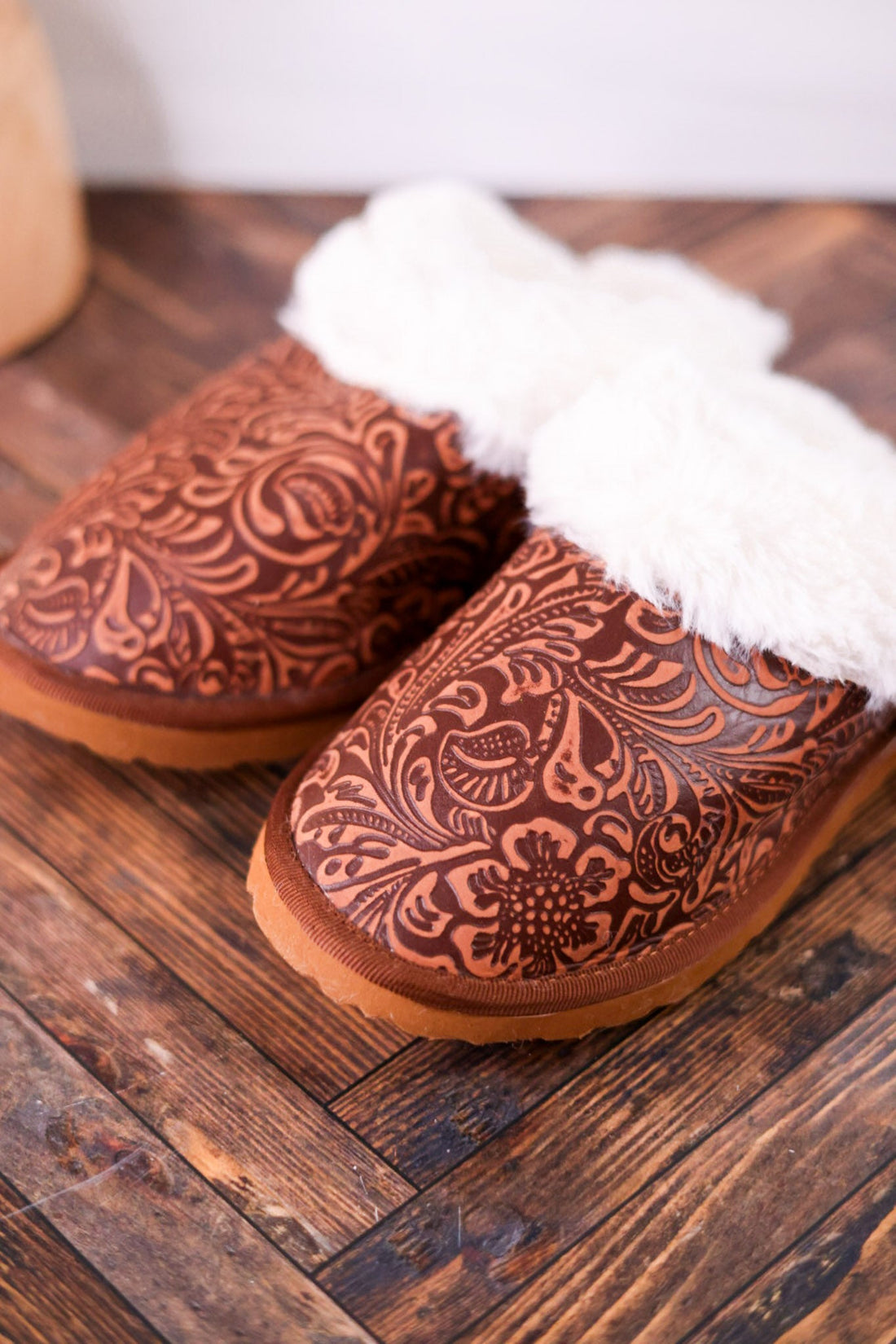 Brown Embossed Leather Slippers With Fleece Lining - Whiskey Skies - MYRA BAGS