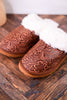 Brown Embossed Leather Slippers With Fleece Lining - Whiskey Skies - MYRA BAGS