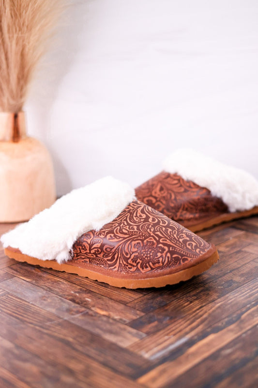 Brown Embossed Leather Slippers With Fleece Lining - Whiskey Skies - MYRA BAGS