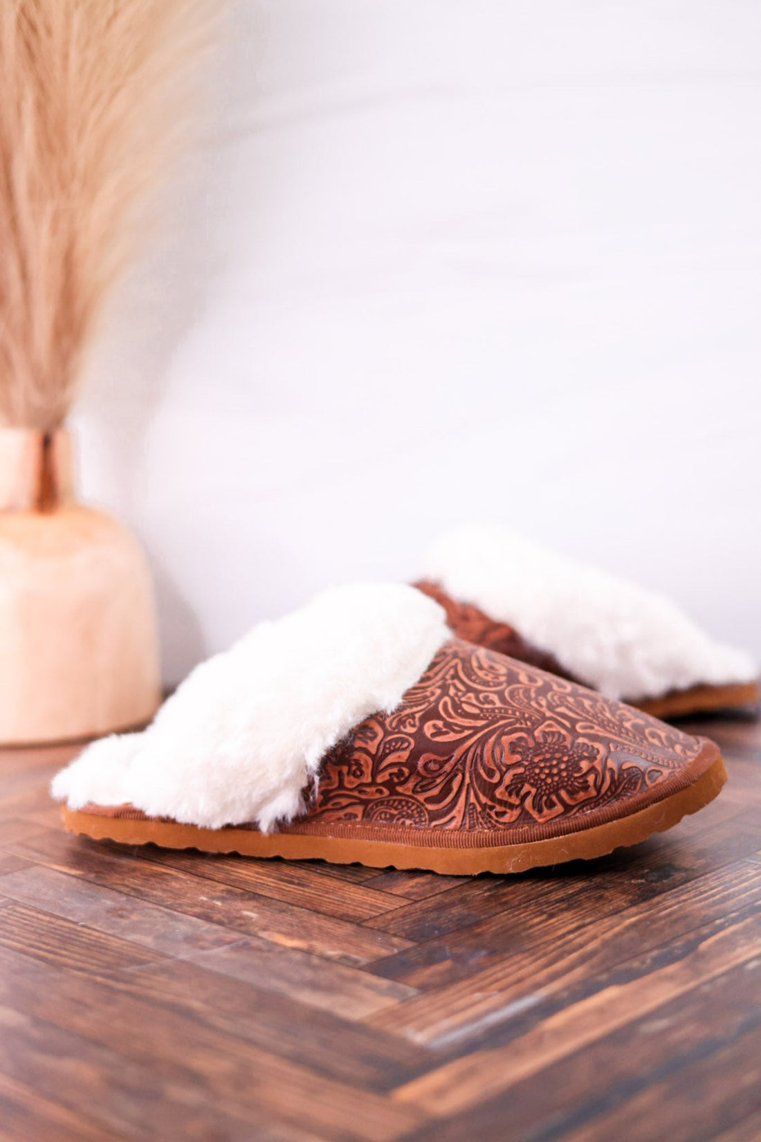 Brown Embossed Leather Slippers With Fleece Lining - Whiskey Skies - MYRA BAGS