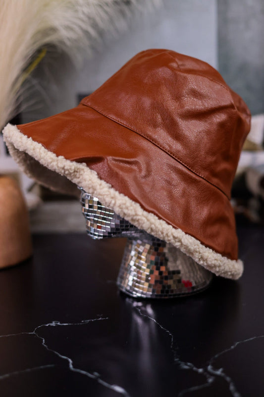 Brown Faux Leather Bucket Hat with Sherpa Lining - Whiskey Skies - SHIRALEAH