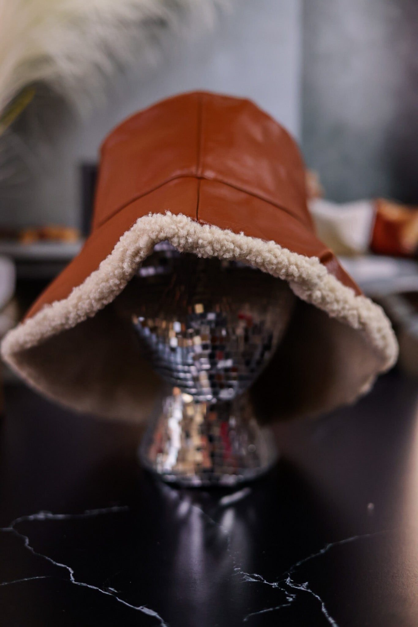 Brown Faux Leather Bucket Hat with Sherpa Lining - Whiskey Skies - SHIRALEAH