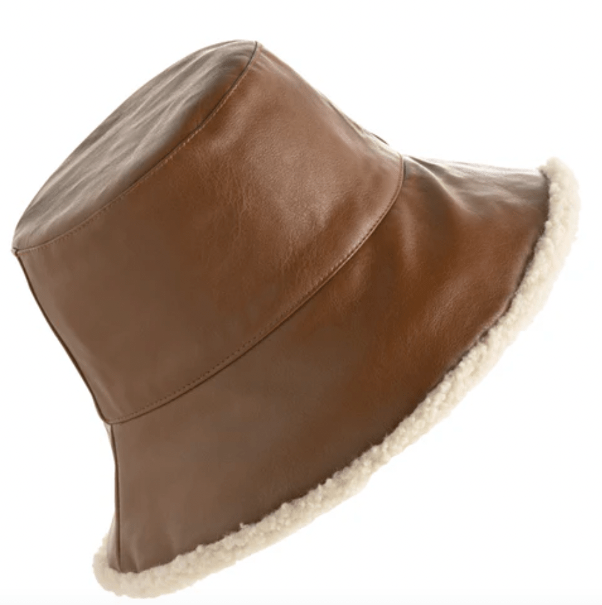 Brown Faux Leather Bucket Hat with Sherpa Lining - Whiskey Skies - SHIRALEAH