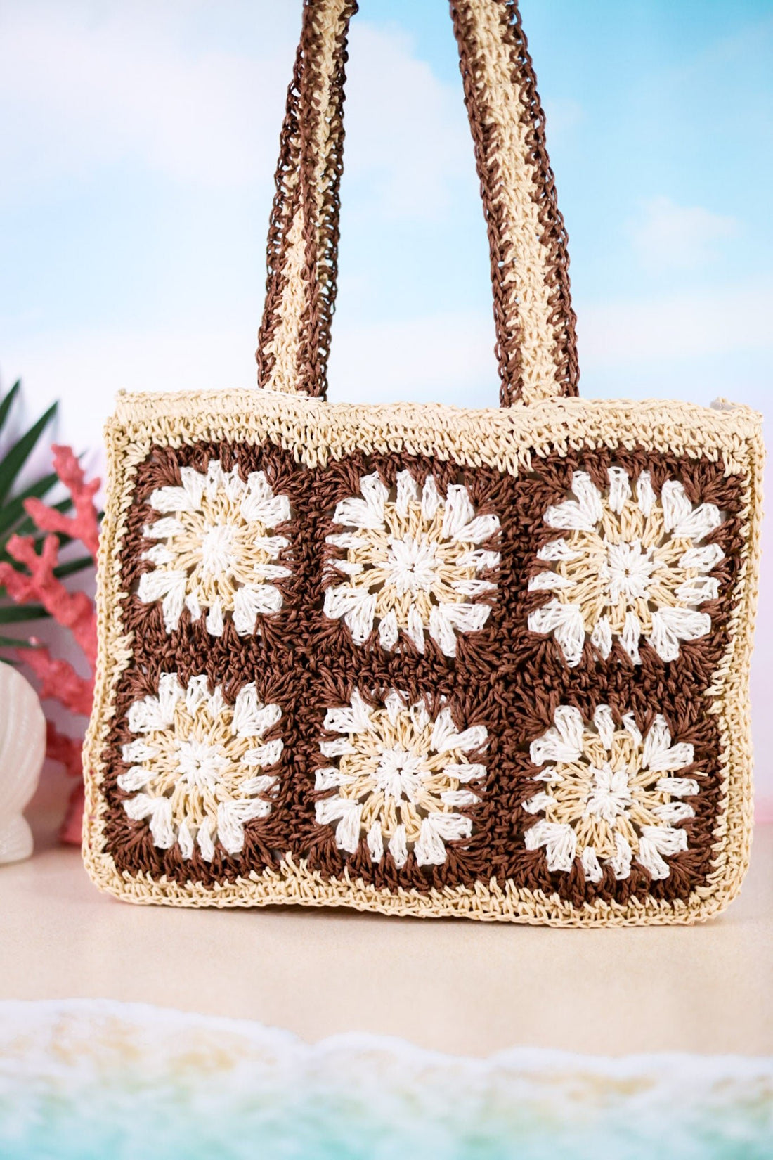 Brown Floral Crochet Mini Tote - Whiskey Skies - MUDPIE