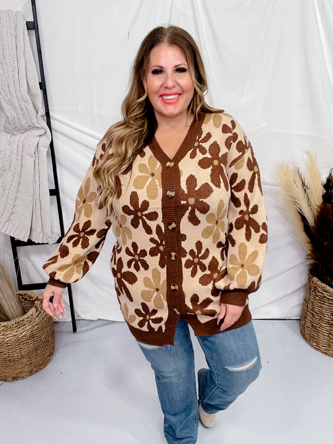 Brown Floral Open Front Sweater Cardigan - Whiskey Skies - SOUTHERN GRACE