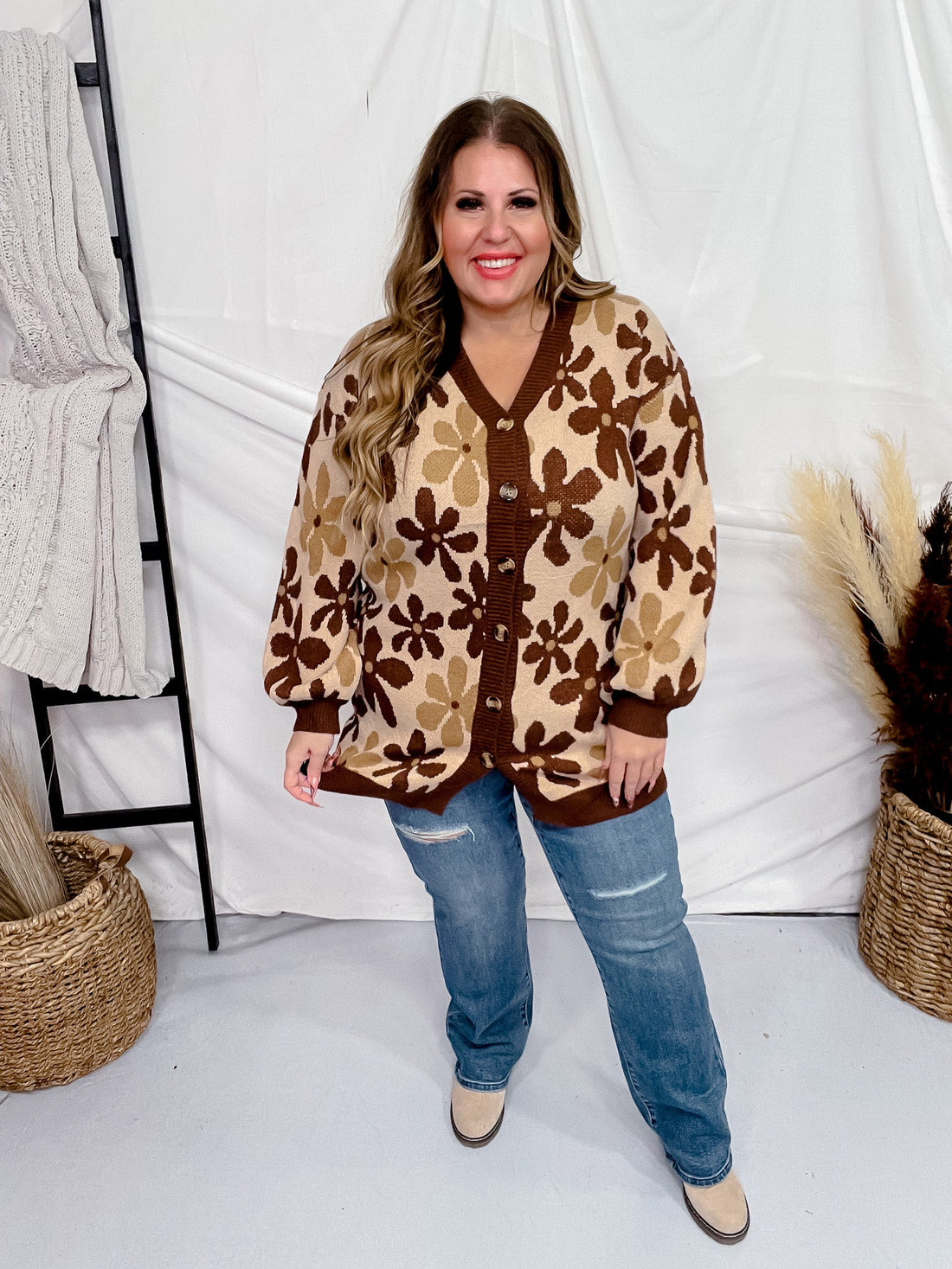 Brown Floral Open Front Sweater Cardigan - Whiskey Skies - SOUTHERN GRACE