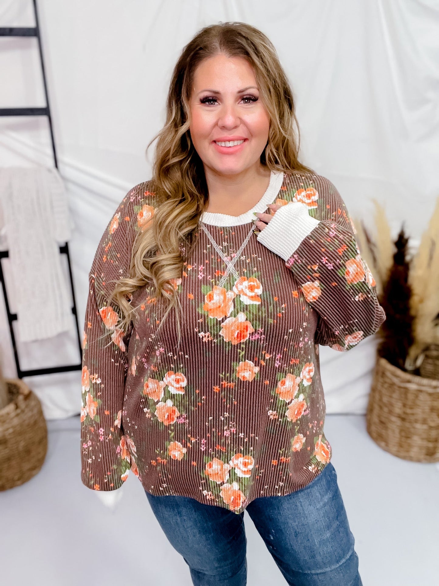 Brown Floral Print Ribbed Drop Shoulder Top - Whiskey Skies - 7TH RAY