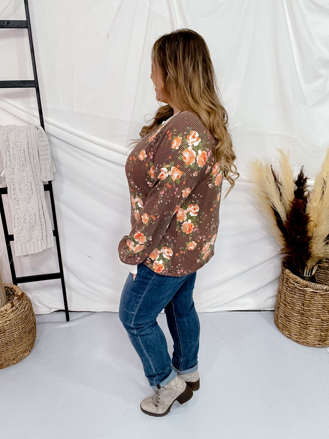 Brown Floral Print Ribbed Drop Shoulder Top - Whiskey Skies - 7TH RAY