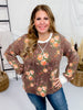 Brown Floral Print Ribbed Drop Shoulder Top - Whiskey Skies - 7TH RAY