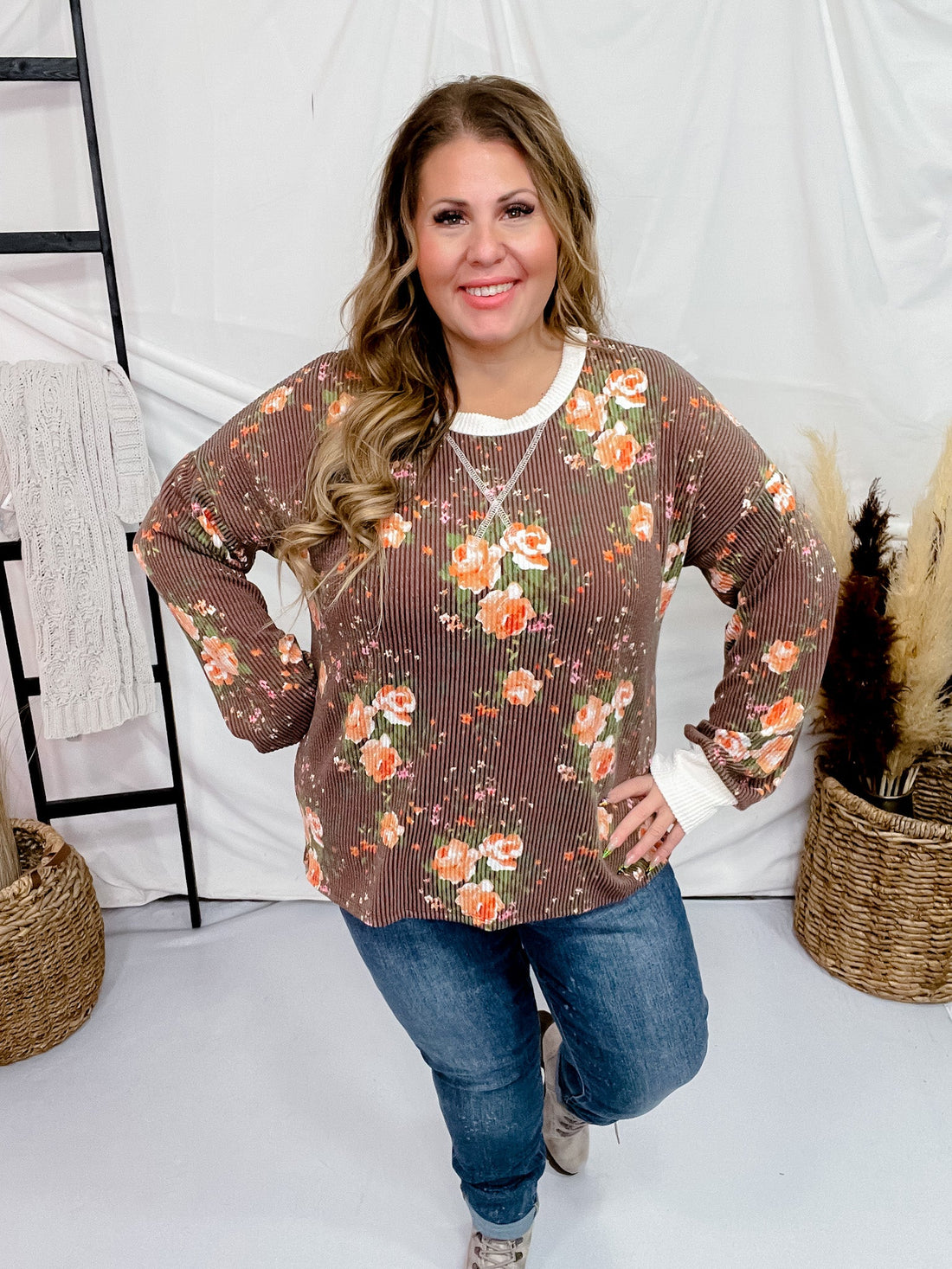 Brown Floral Print Ribbed Drop Shoulder Top - Whiskey Skies - 7TH RAY