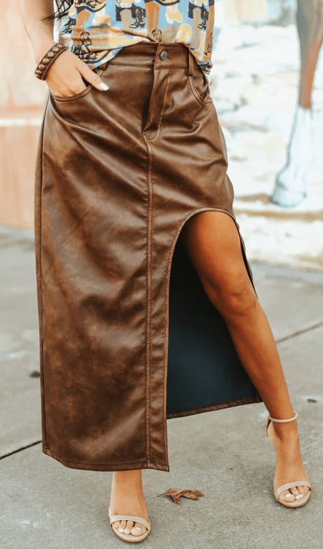 Brown Full Length Faux Leather Skirt with Thigh Slit - Whiskey Skies - 2 FLY CO.