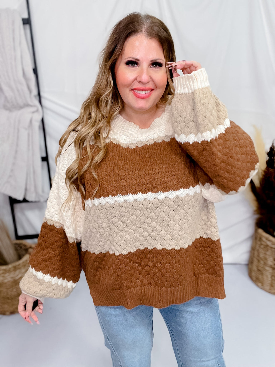 Brown & Ivory Color Block Striped Sweater - Whiskey Skies - ODDI