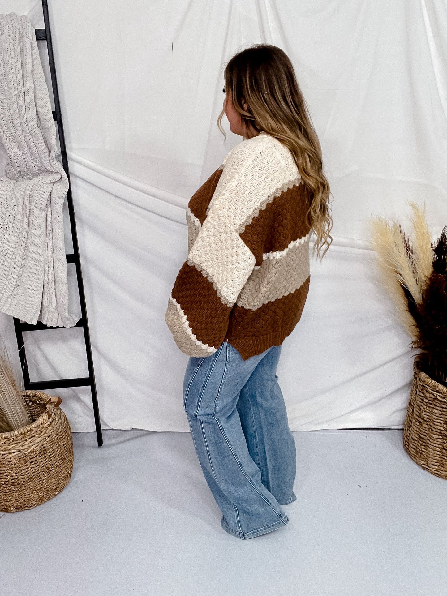 Brown & Ivory Color Block Striped Sweater - Whiskey Skies - ODDI