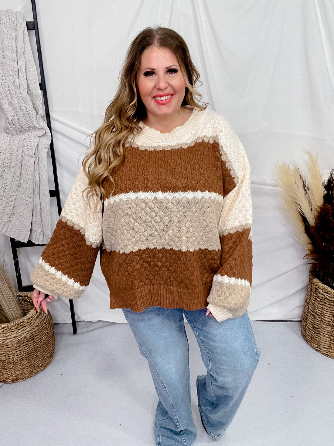 Brown & Ivory Color Block Striped Sweater - Whiskey Skies - ODDI