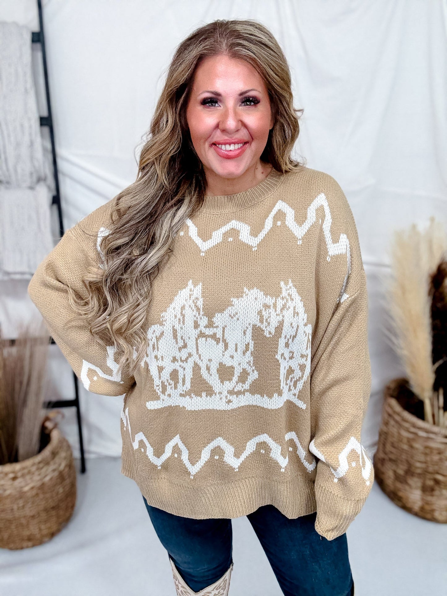 Brown & Ivory Sweater With Running Horse Graphic - Whiskey Skies - POLAGRAM + BAEVELY