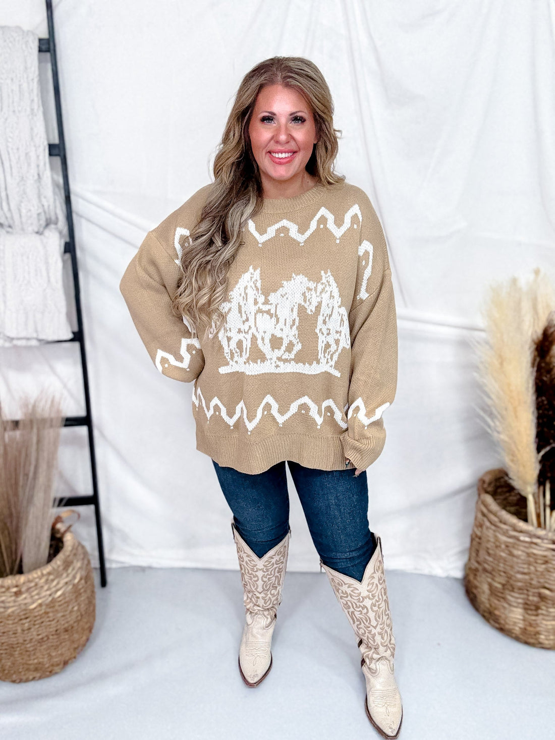 Brown & Ivory Sweater With Running Horse Graphic - Whiskey Skies - POLAGRAM + BAEVELY
