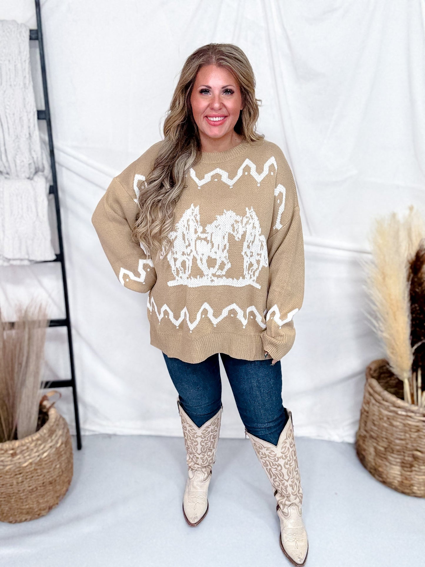 Brown & Ivory Sweater With Running Horse Graphic - Whiskey Skies - POLAGRAM + BAEVELY