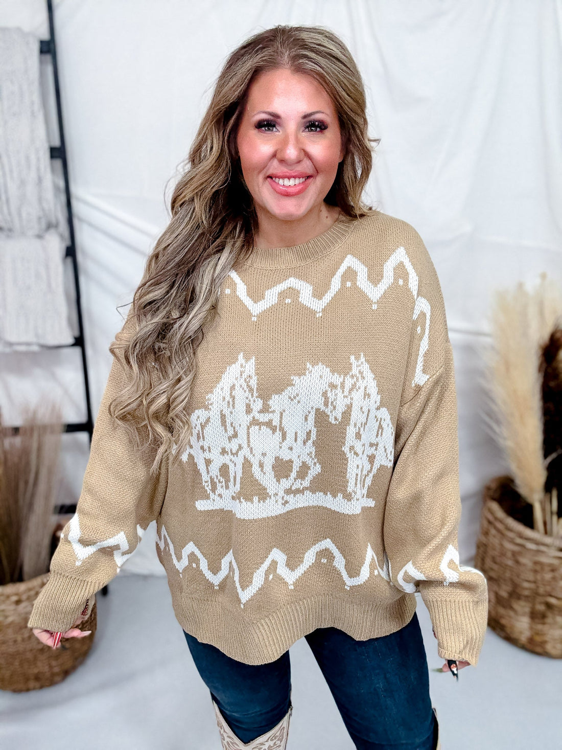 Brown & Ivory Sweater With Running Horse Graphic - Whiskey Skies - POLAGRAM + BAEVELY