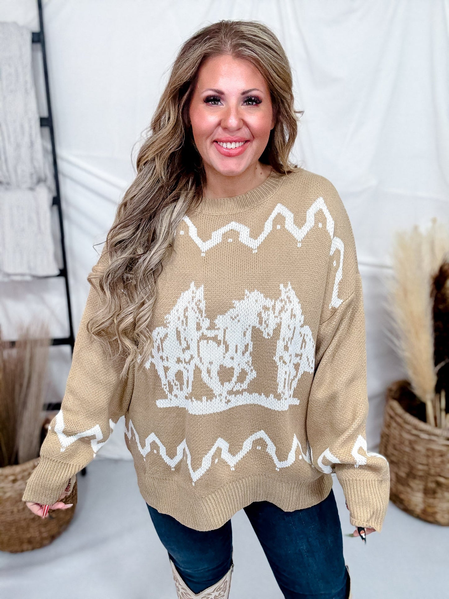 Brown & Ivory Sweater With Running Horse Graphic - Whiskey Skies - POLAGRAM + BAEVELY