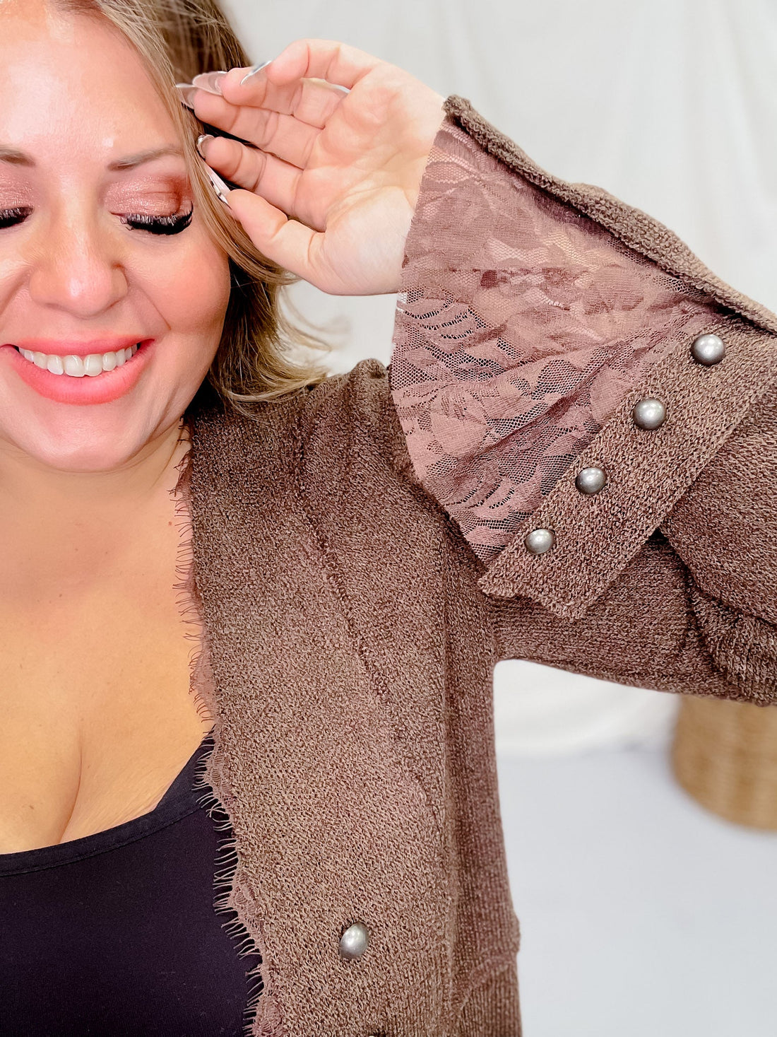 Brown Knit Open Front Cardigan with Flared Cuff Sleeves - Whiskey Skies - VOCAL