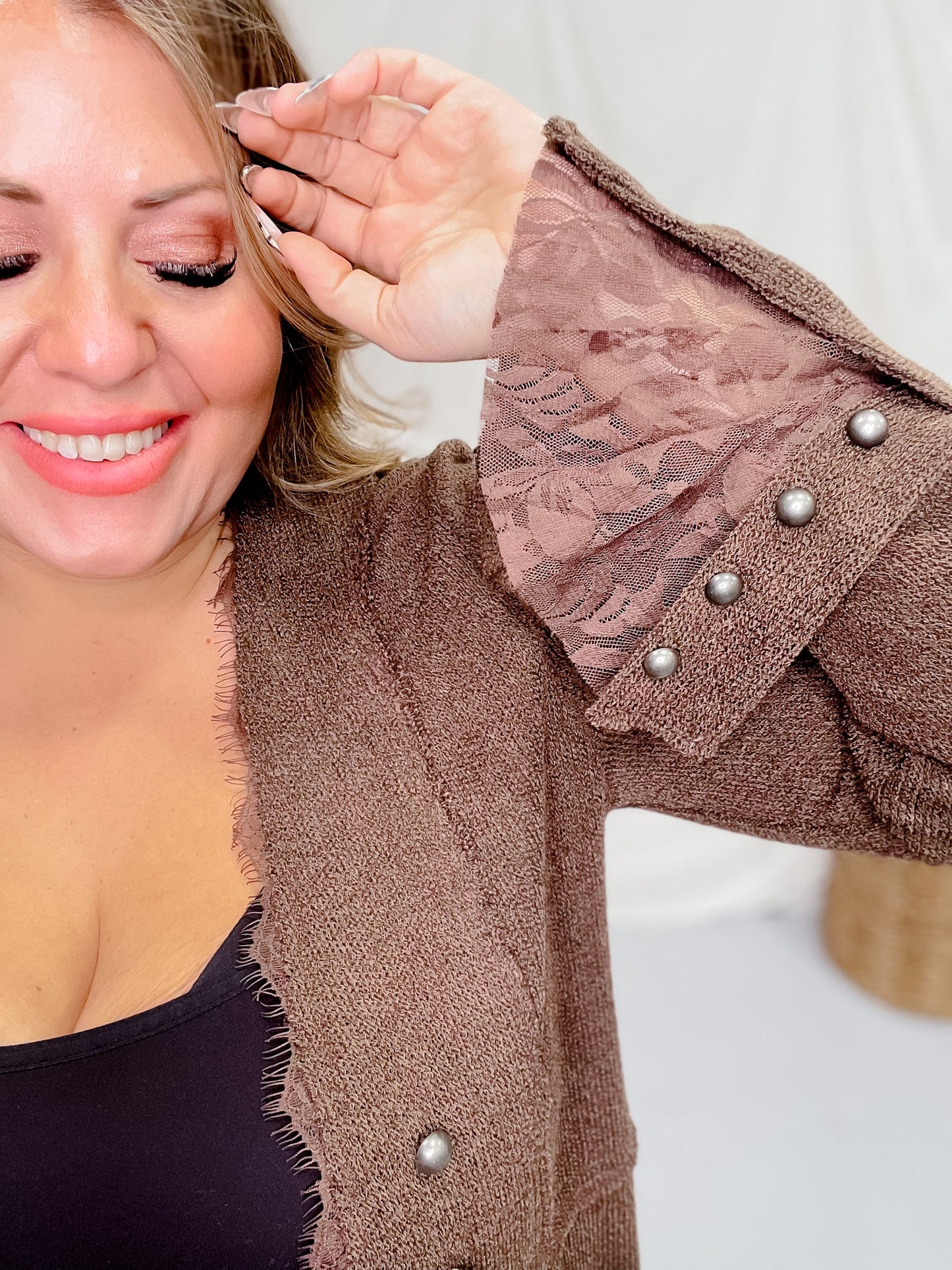 Brown Knit Open Front Cardigan with Flared Cuff Sleeves - Whiskey Skies - VOCAL