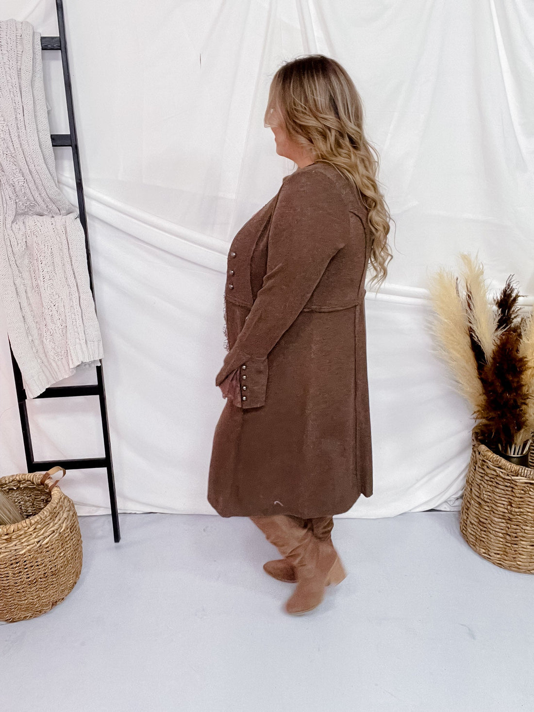 Brown Knit Open Front Cardigan with Flared Cuff Sleeves - Whiskey Skies - VOCAL