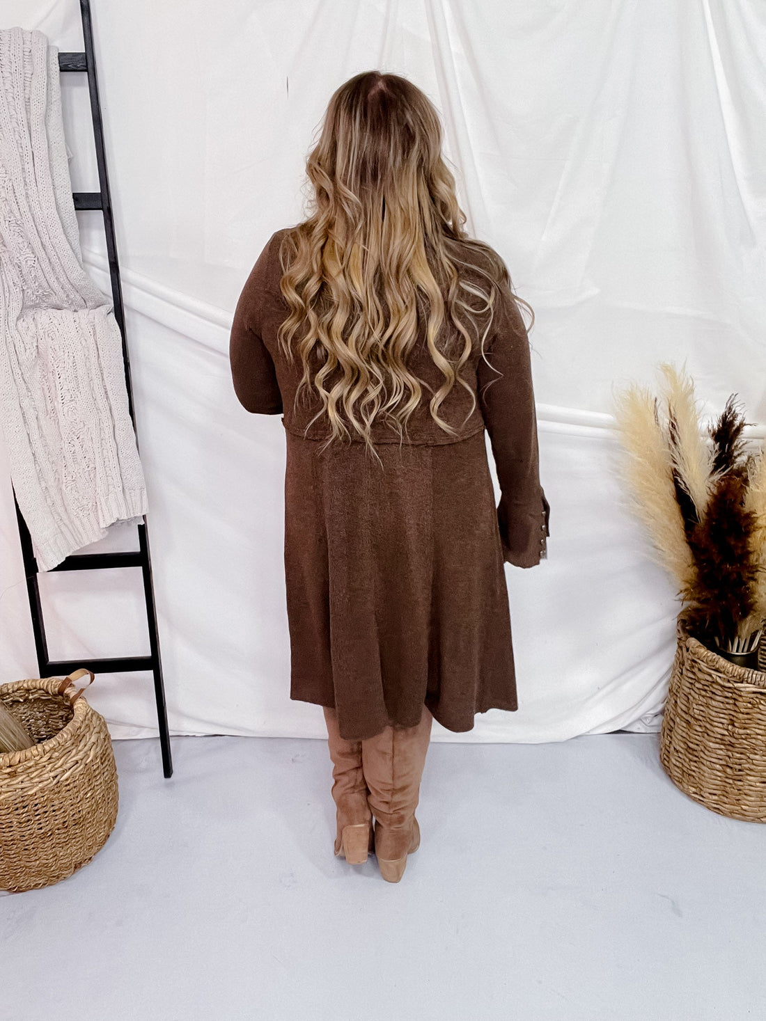 Brown Knit Open Front Cardigan with Flared Cuff Sleeves - Whiskey Skies - VOCAL