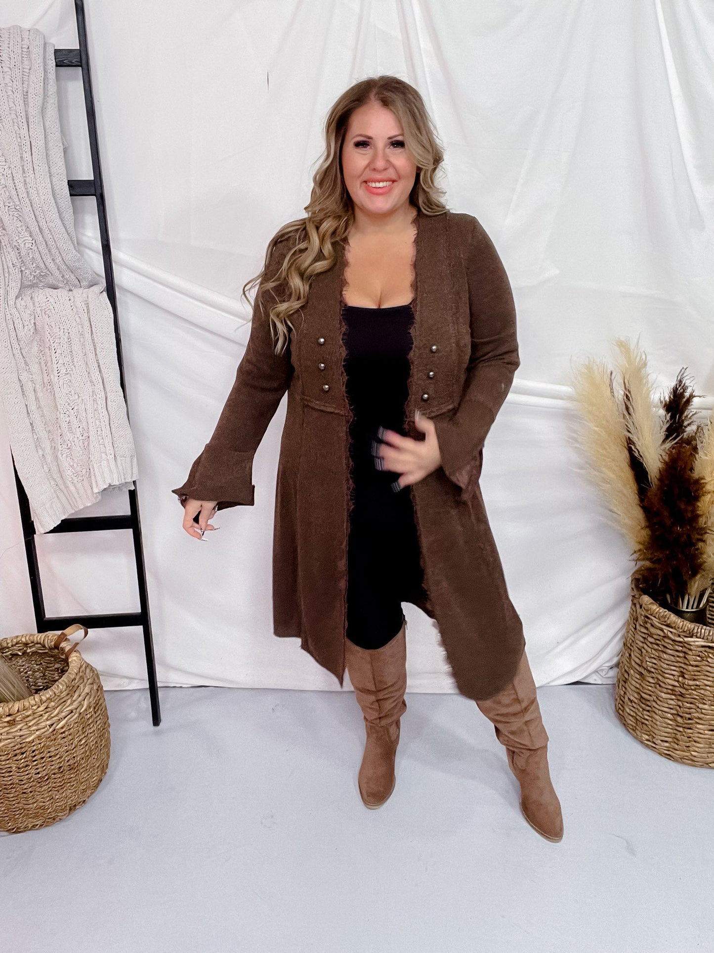 Brown Knit Open Front Cardigan with Flared Cuff Sleeves - Whiskey Skies - VOCAL