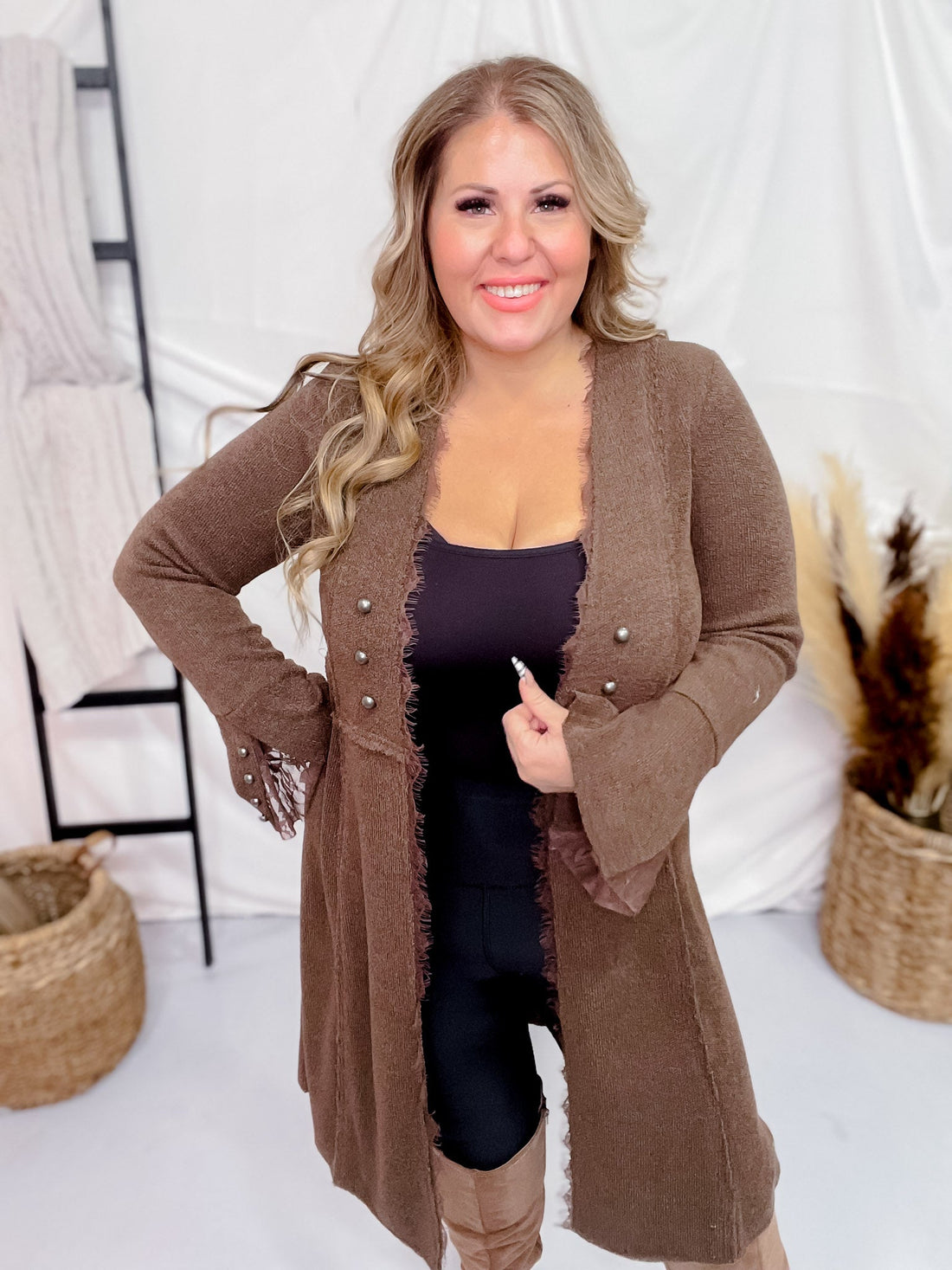 Brown Knit Open Front Cardigan with Flared Cuff Sleeves - Whiskey Skies - VOCAL
