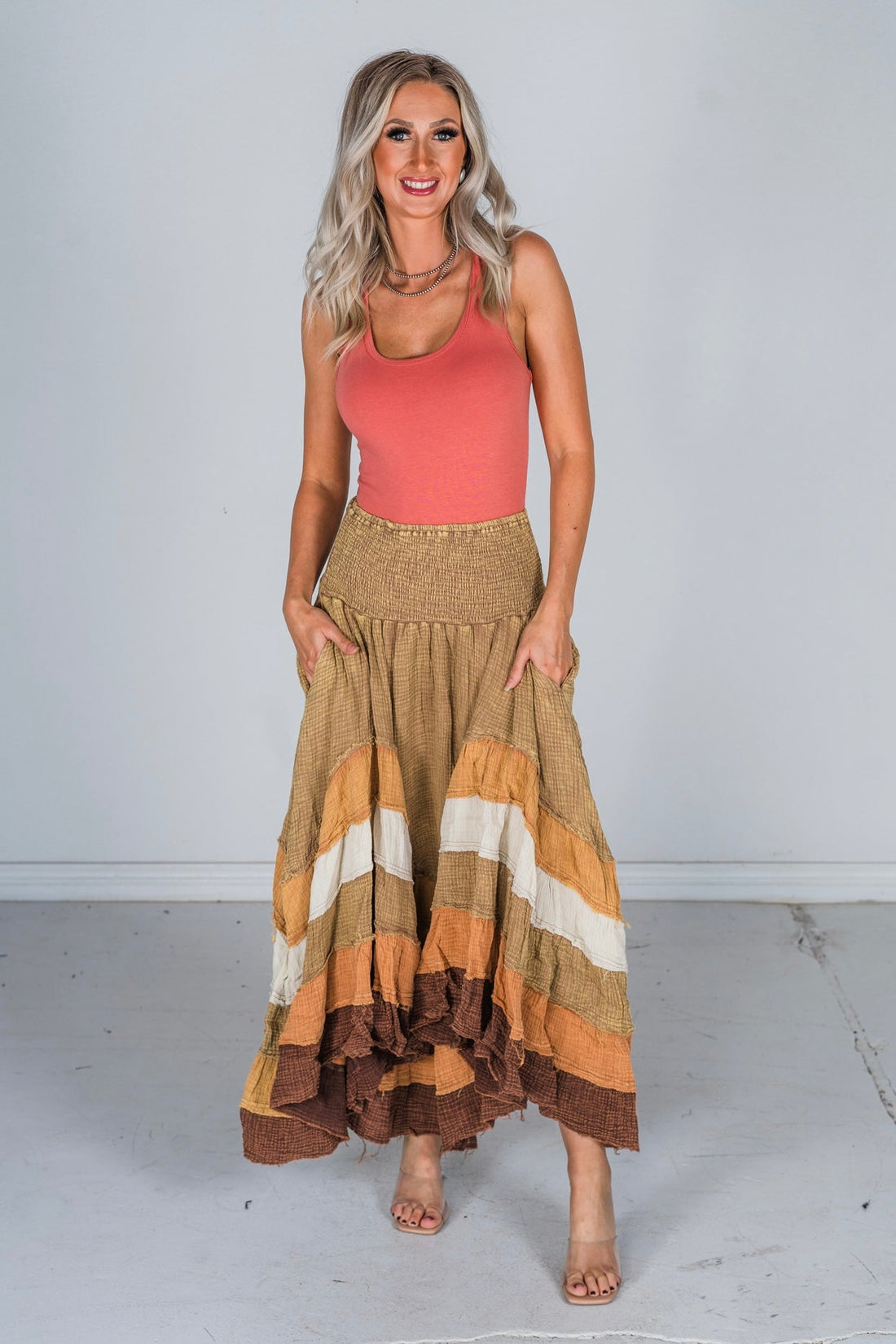 Brown Mineral Washed Tiered Hem Skirt - Whiskey Skies - OLI & HALI