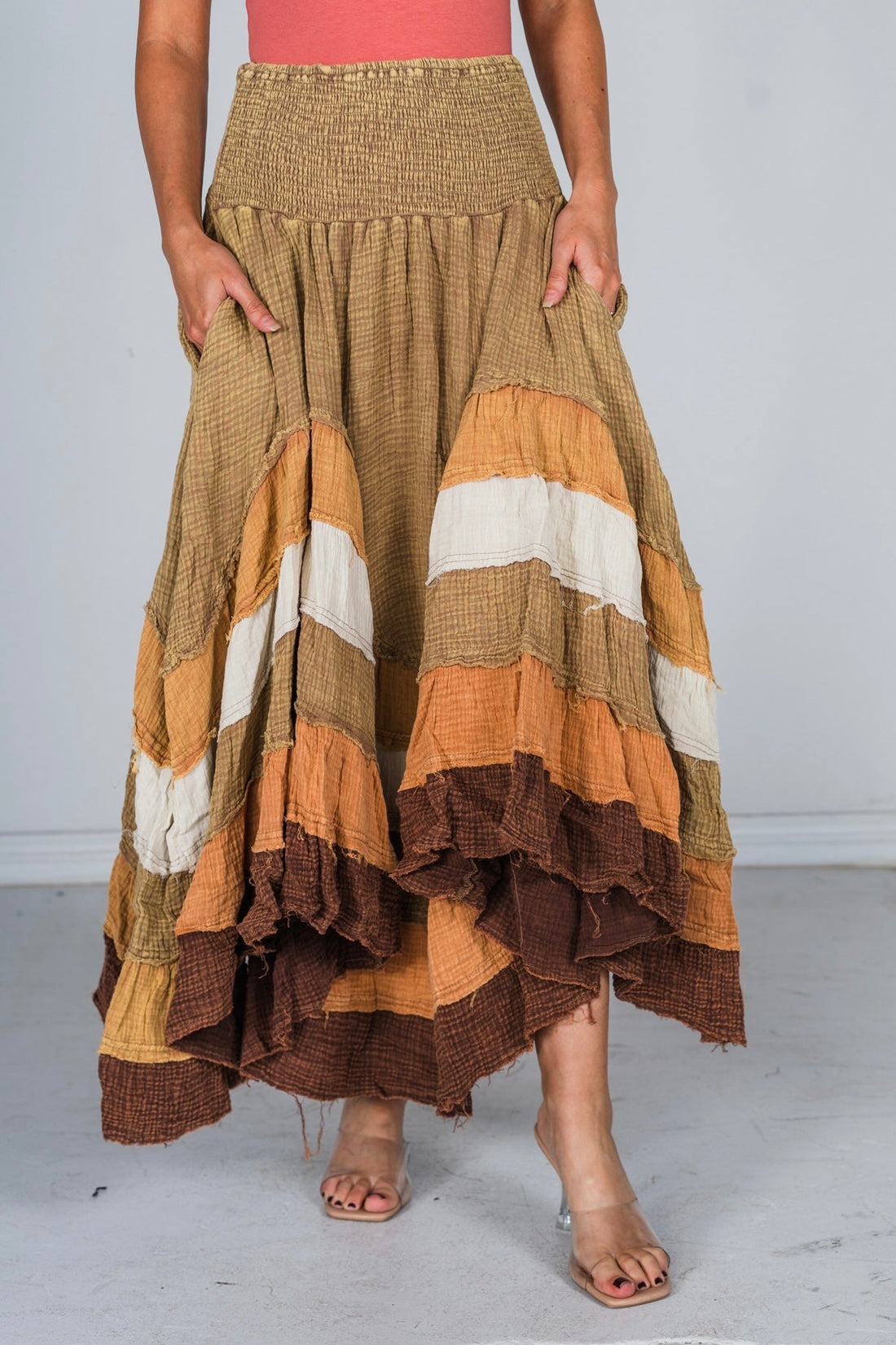 Brown Mineral Washed Tiered Hem Skirt - Whiskey Skies - OLI & HALI