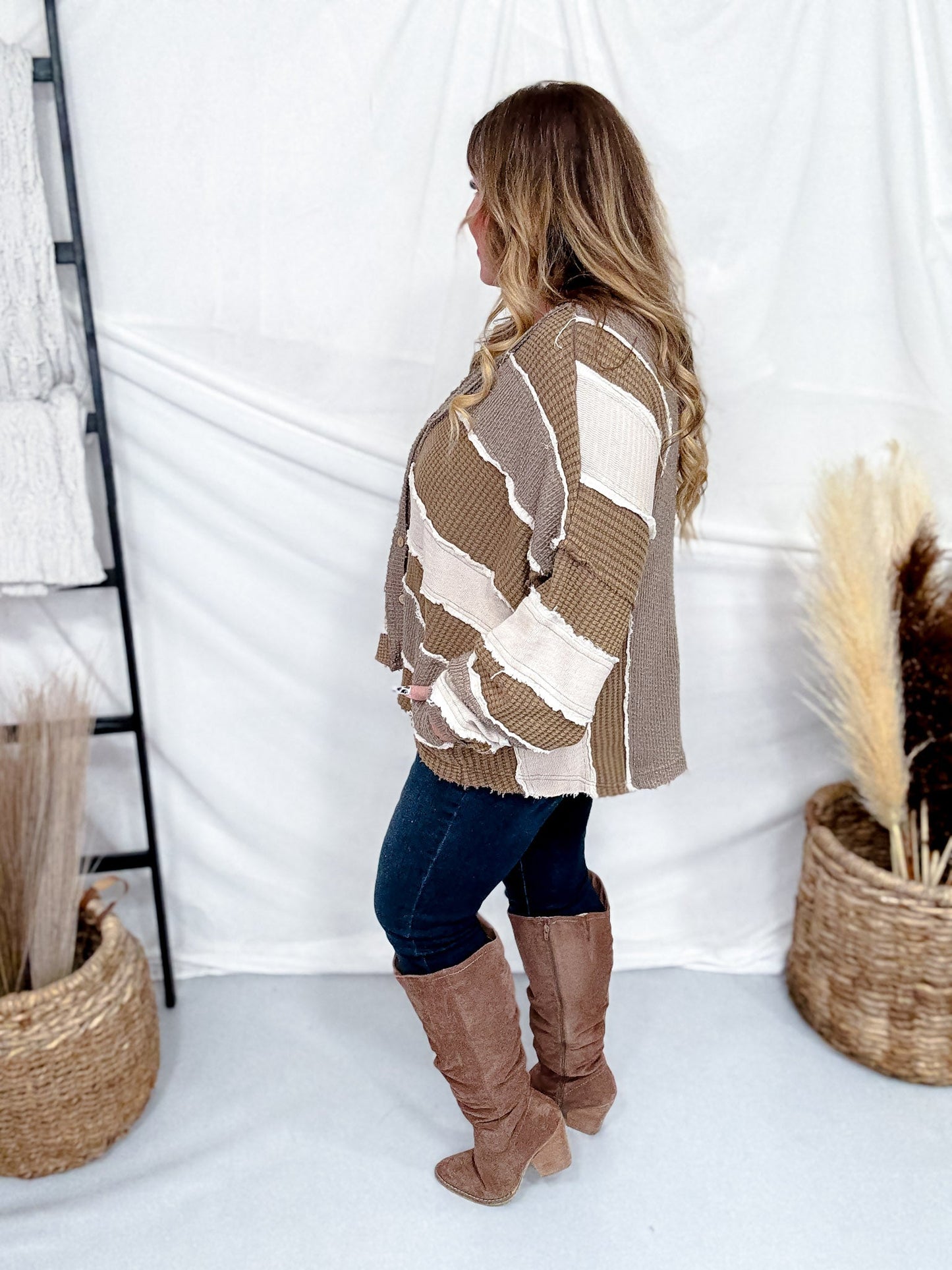 Brown Multi Washed Color Block & Patchwork Cardigan - Whiskey Skies - OLI & HALI