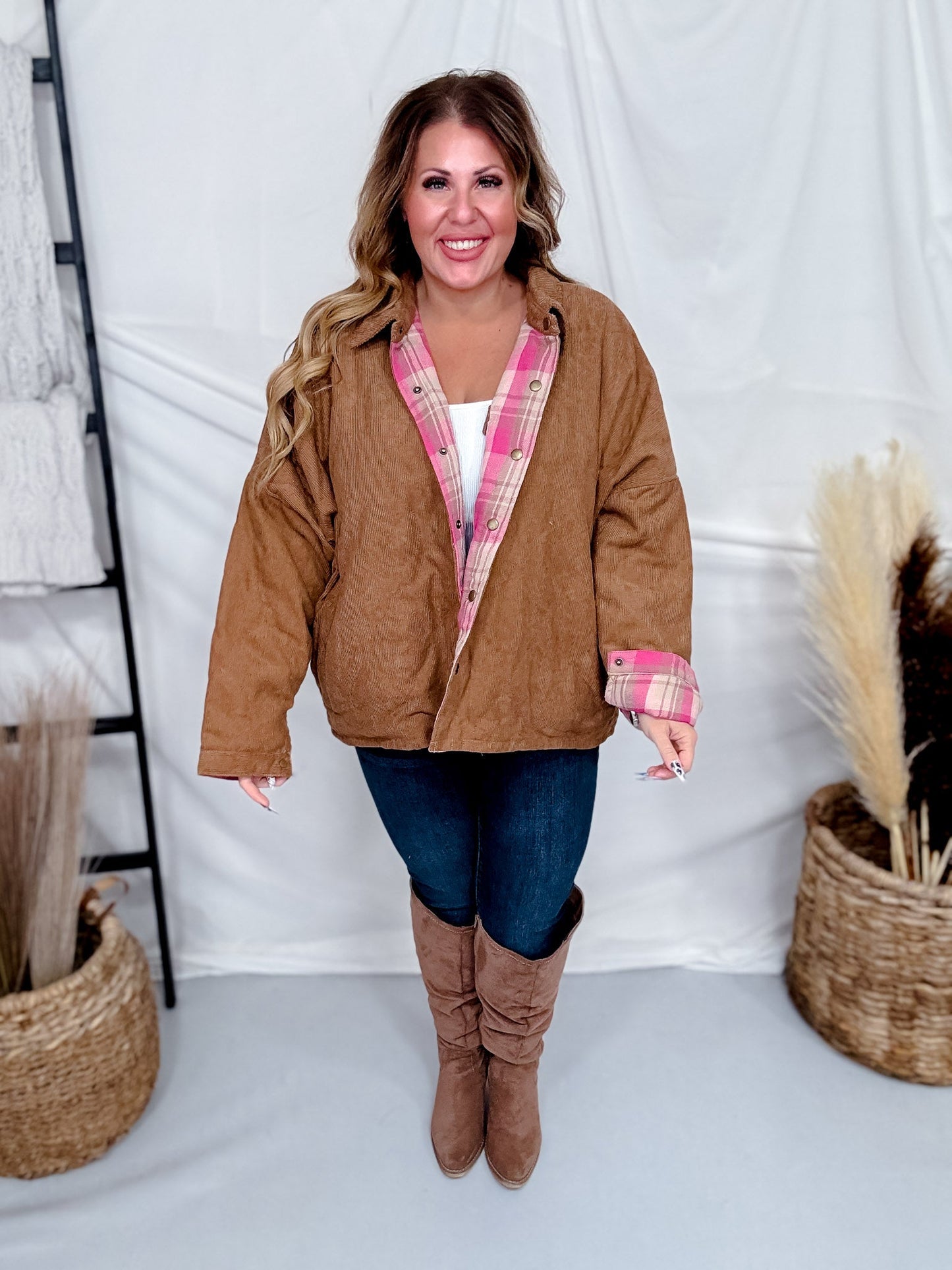 Brown & Pink Reversible Mixed Fabric Mackinaw Jacket - Whiskey Skies - J.NNA