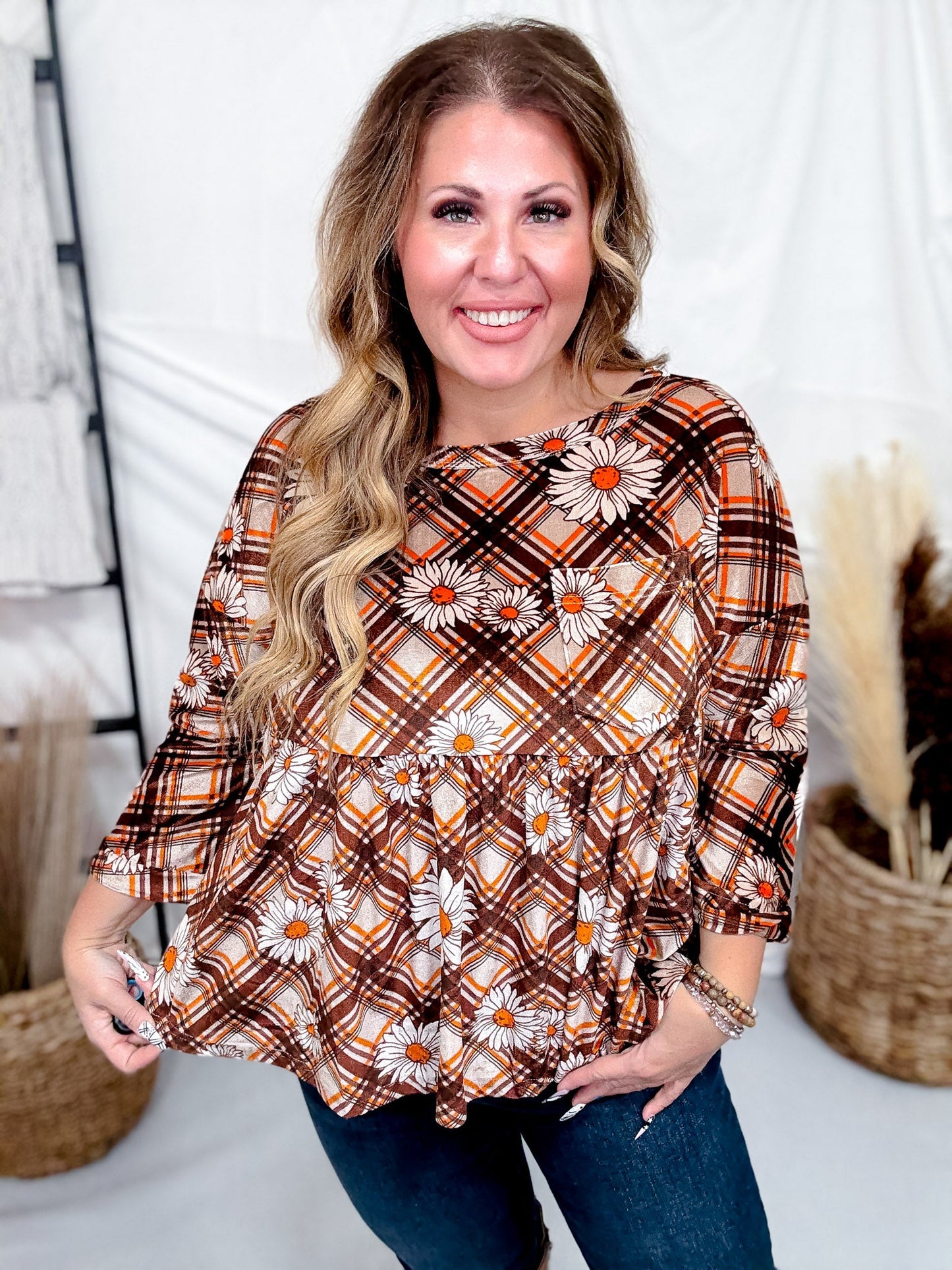Brown Plaid & Daisy Print Velvet Babydoll Tunic - Whiskey Skies - EASEL