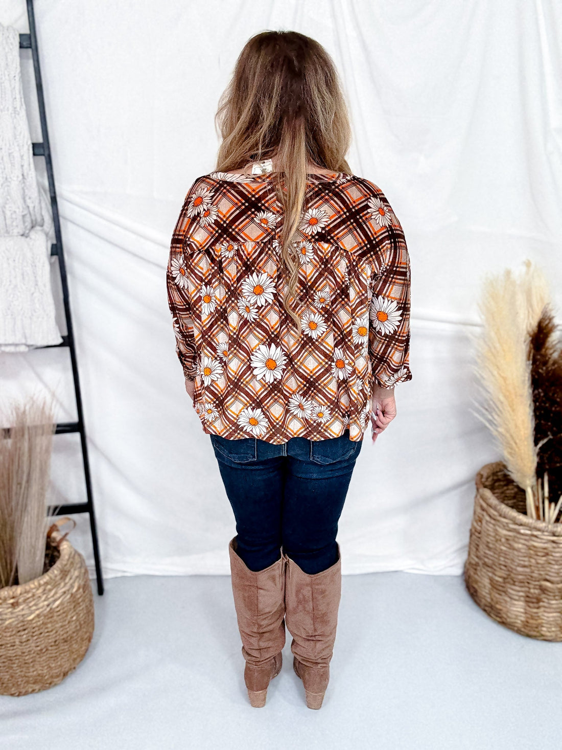 Brown Plaid & Daisy Print Velvet Babydoll Tunic - Whiskey Skies - EASEL