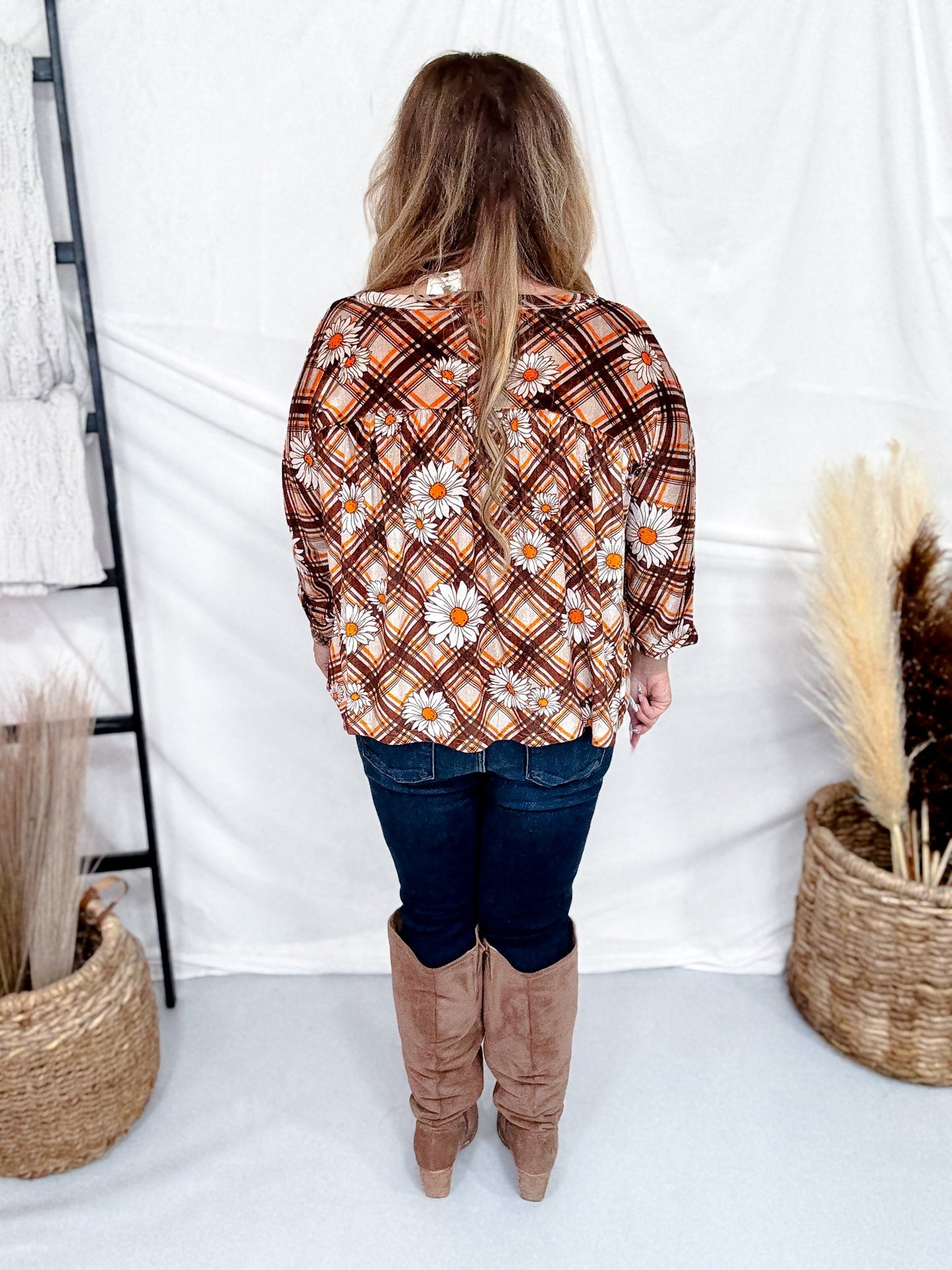 Brown Plaid & Daisy Print Velvet Babydoll Tunic - Whiskey Skies - EASEL
