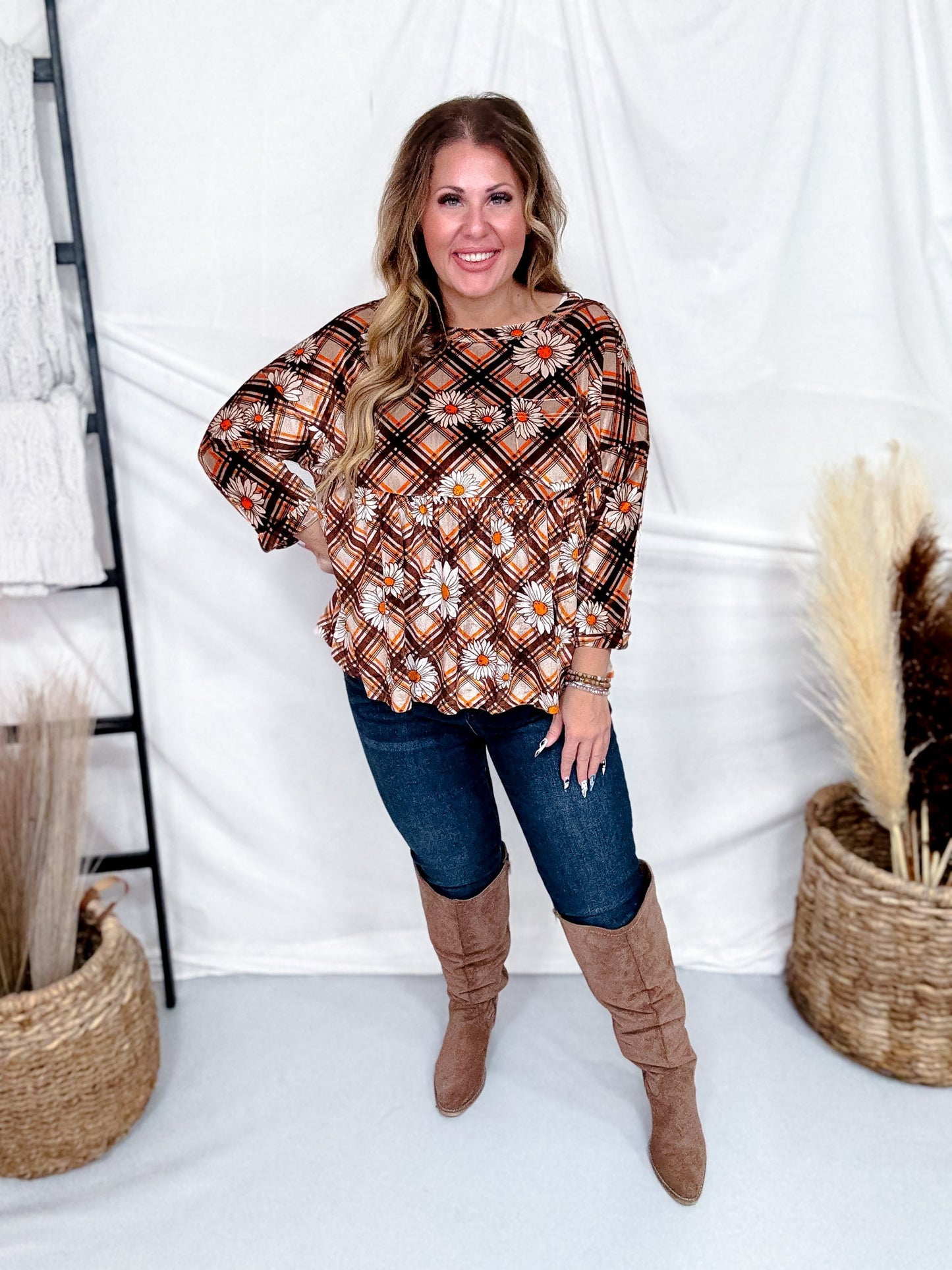 Brown Plaid & Daisy Print Velvet Babydoll Tunic - Whiskey Skies - EASEL