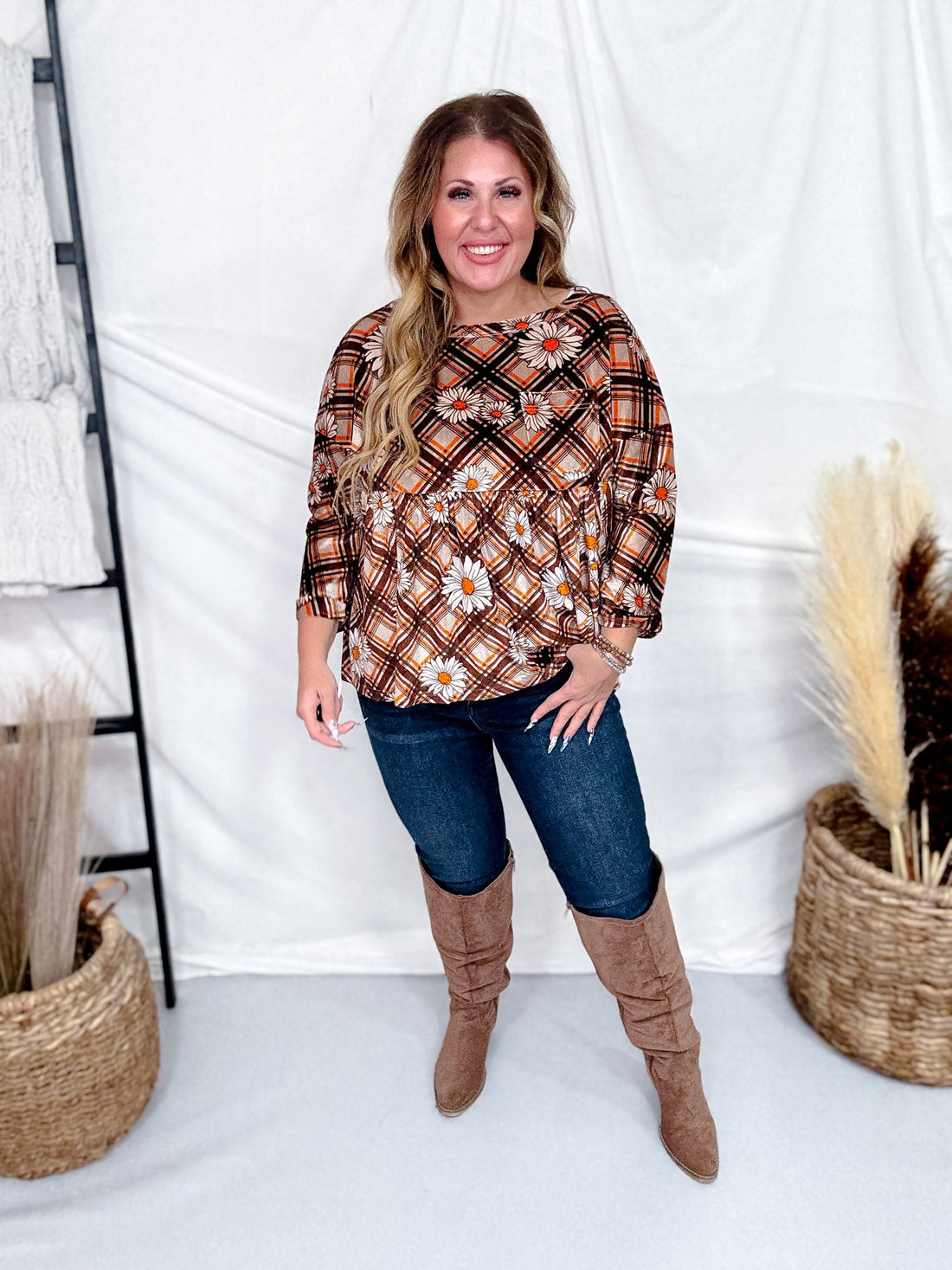 Brown Plaid & Daisy Print Velvet Babydoll Tunic - Whiskey Skies - EASEL