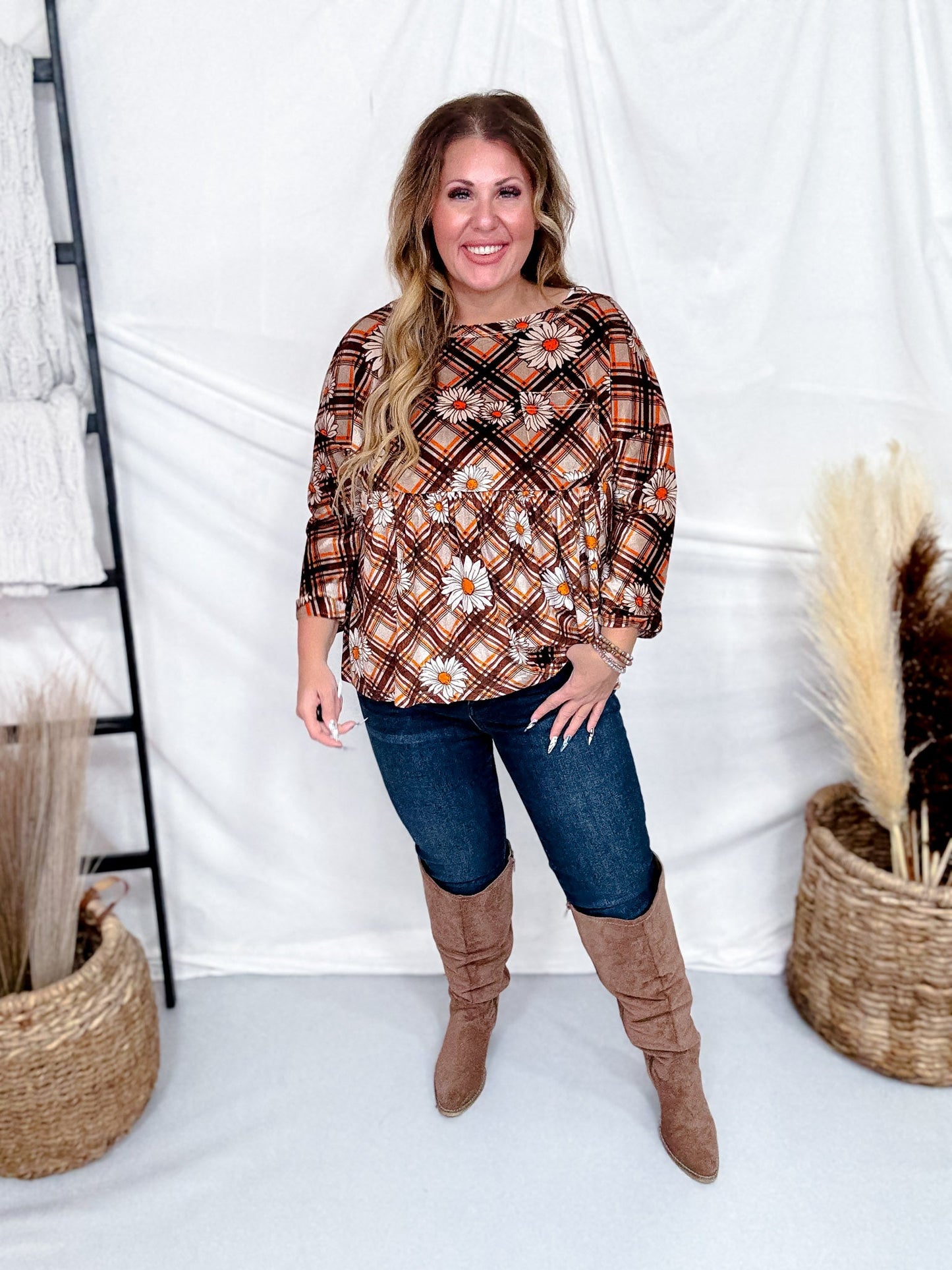 Brown Plaid & Daisy Print Velvet Babydoll Tunic - Whiskey Skies - EASEL