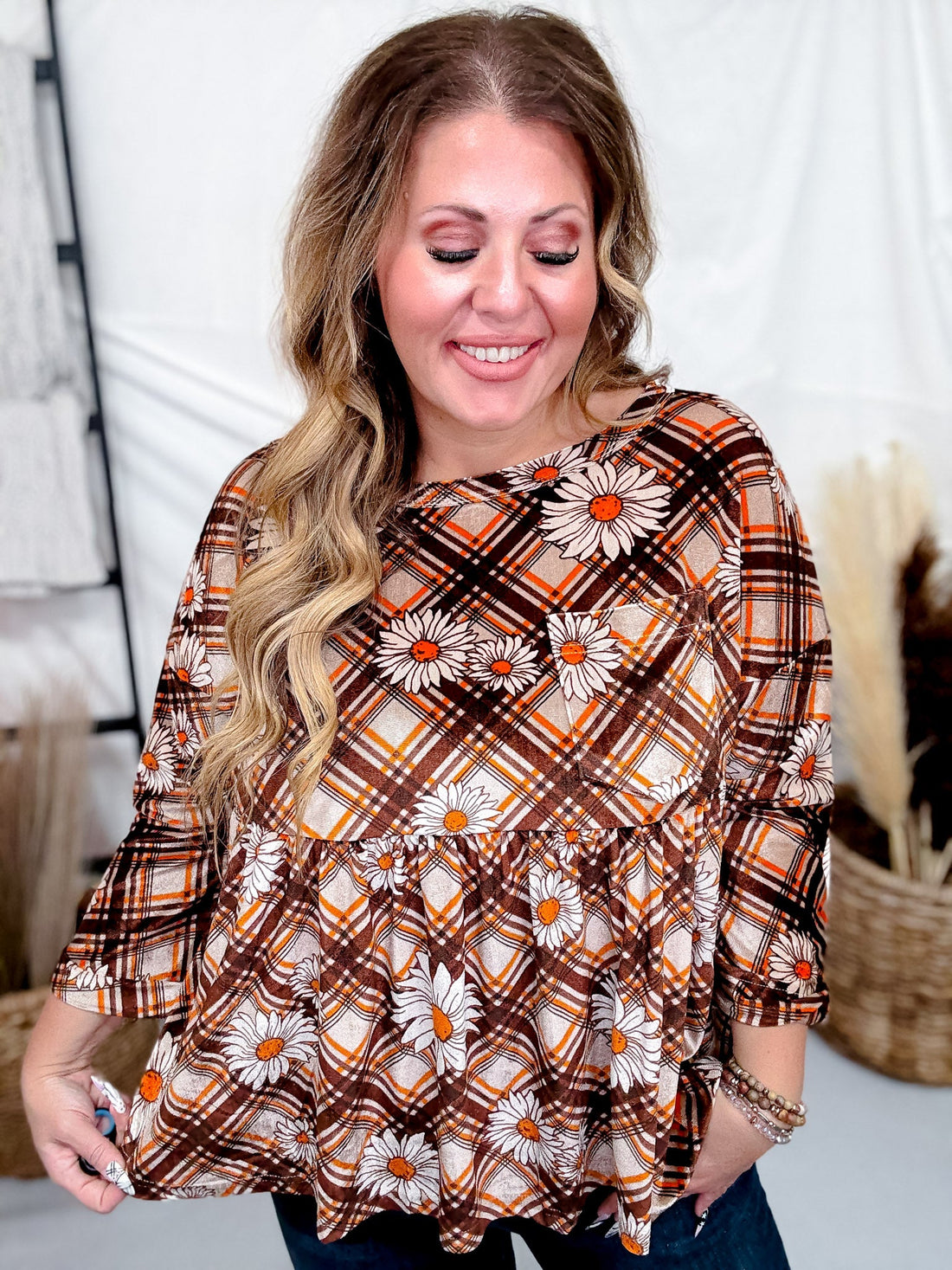 Brown Plaid & Daisy Print Velvet Babydoll Tunic - Whiskey Skies - EASEL