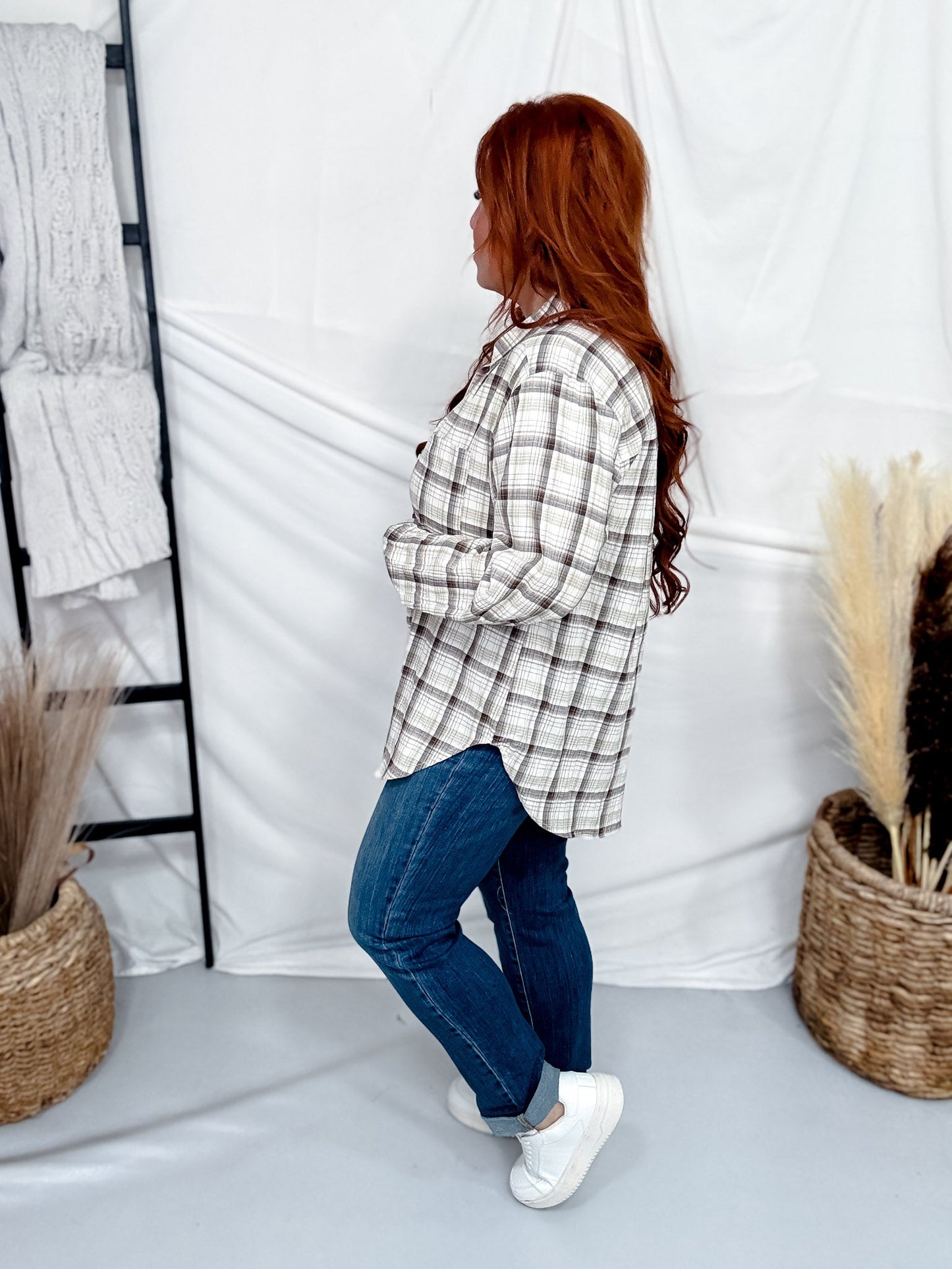 Brown Plaid Long Sleeve Button Front Top - Whiskey Skies - HEIMISH