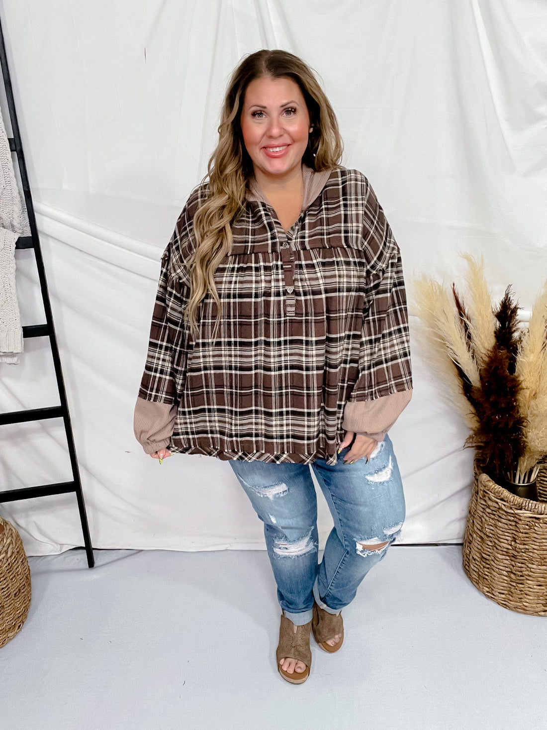 Brown Plaid Pullover Hoodie with Puff Sleeves - Whiskey Skies - ODDI