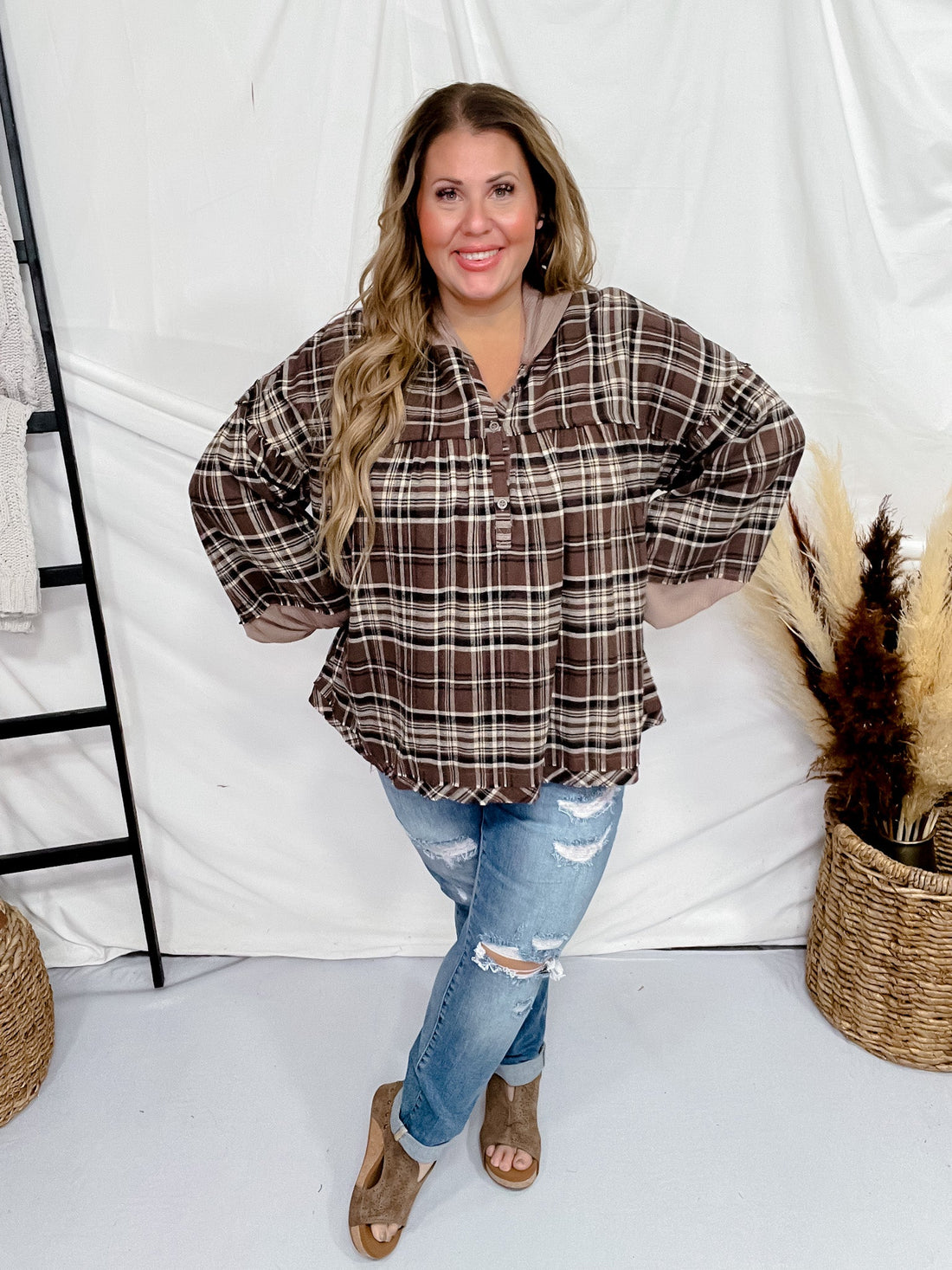 Brown Plaid Pullover Hoodie with Puff Sleeves - Whiskey Skies - ODDI