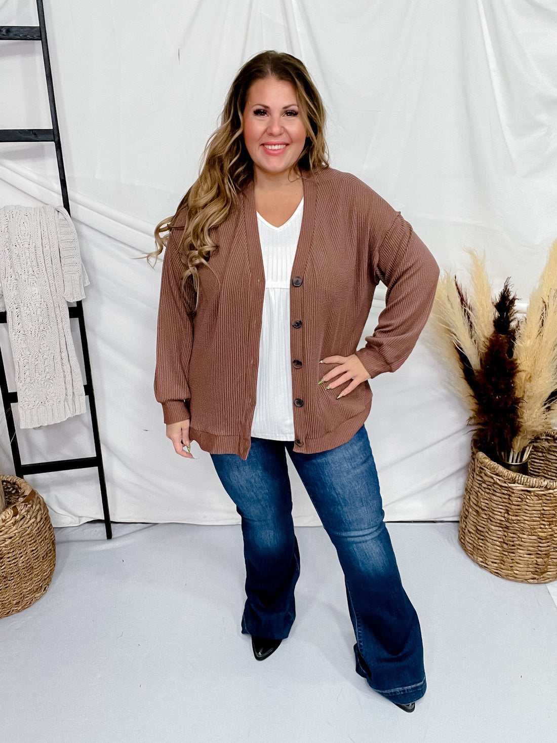 Brown Ribbed Button Down Cardigan - Whiskey Skies - STYLIVE