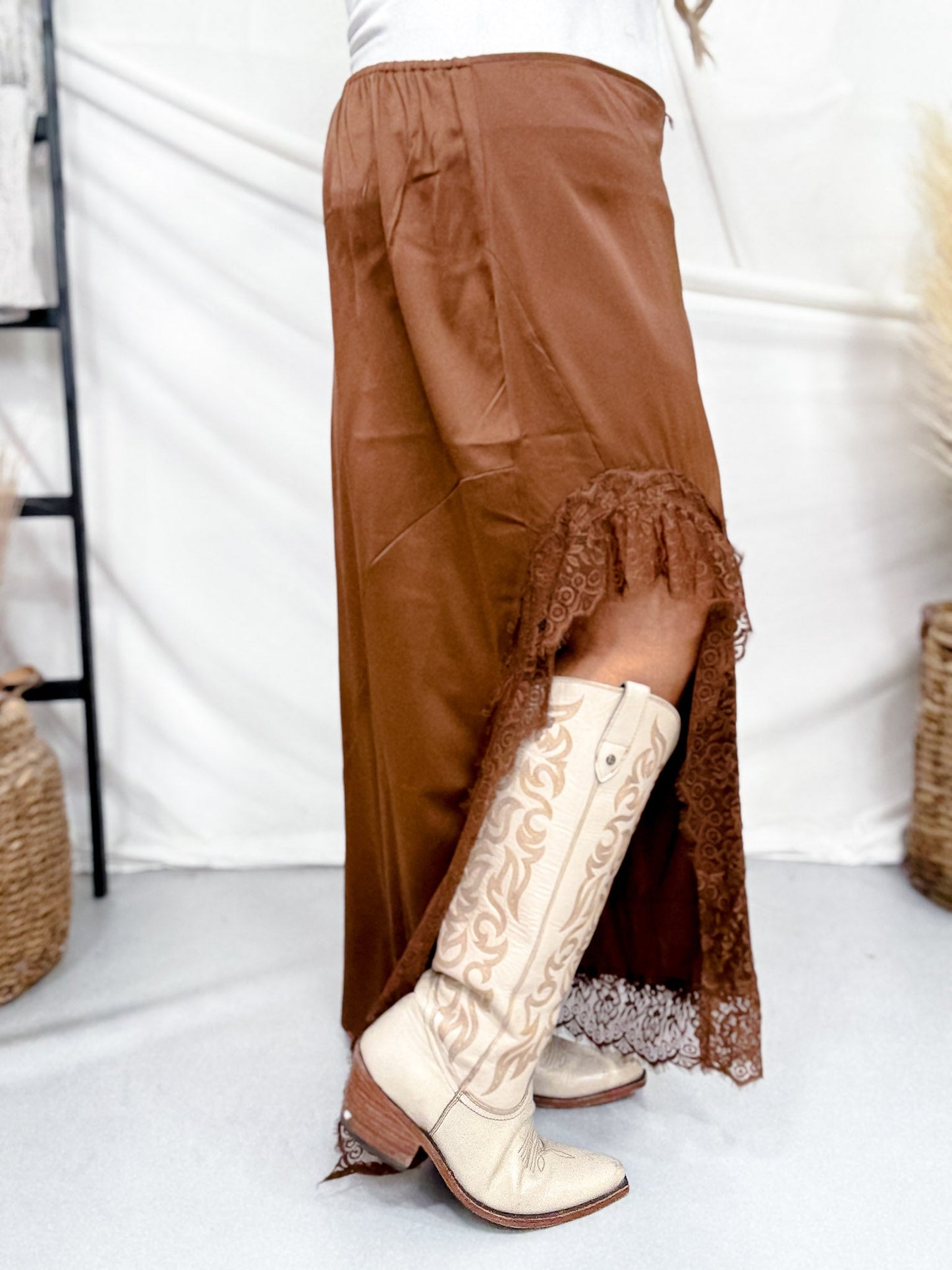 Brown Satin Maxi Skirt With Lace Details - Whiskey Skies - POLAGRAM + BAEVELY