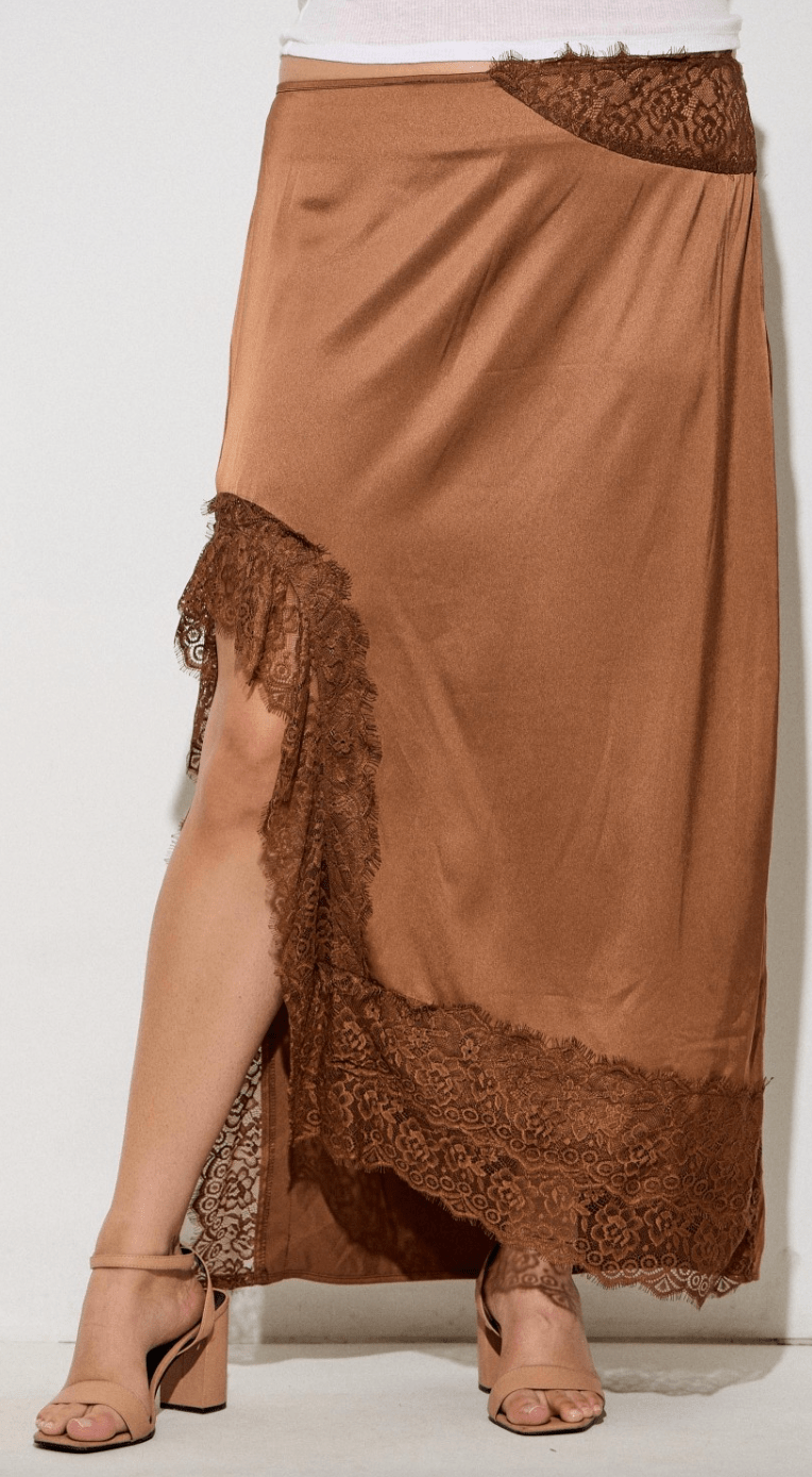 Brown Satin Maxi Skirt With Lace Details - Whiskey Skies - POLAGRAM + BAEVELY