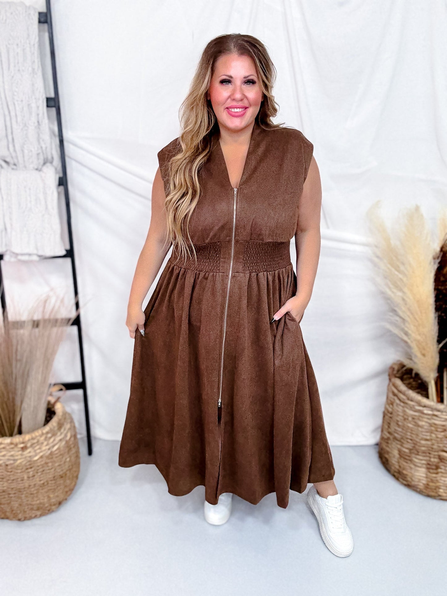 Brown Smocked Waist Twill Suede Shirt Dress - Whiskey Skies - SHE + SKY