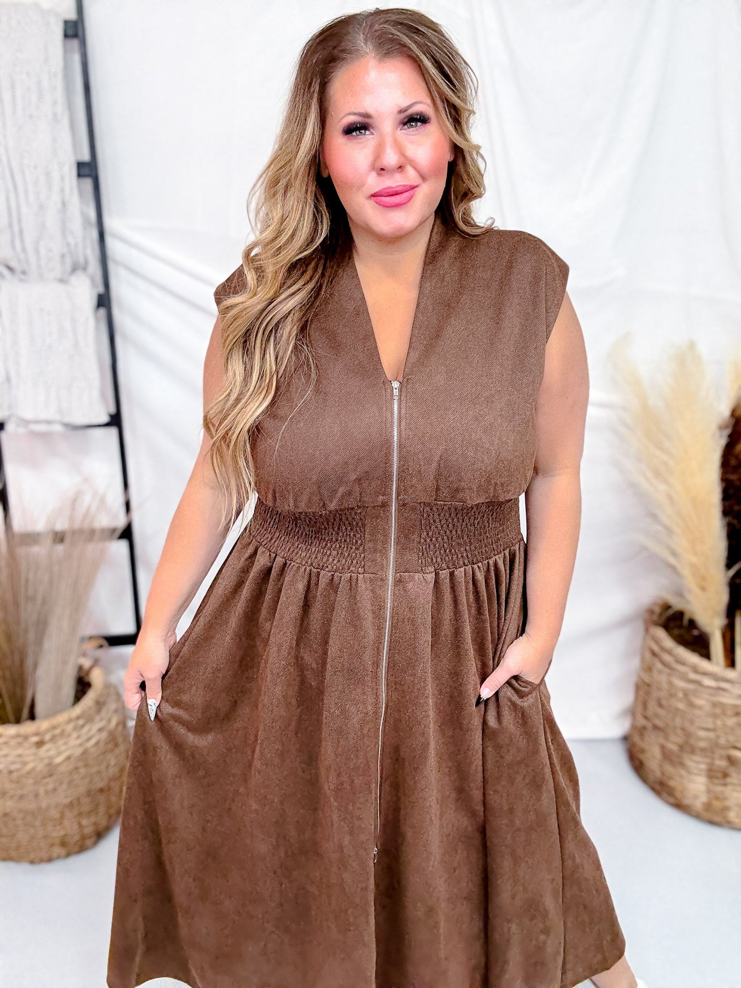 Brown Smocked Waist Twill Suede Shirt Dress Final Sale Brown Smocked Waist Twill Suede Shirt Dress Final Sale
