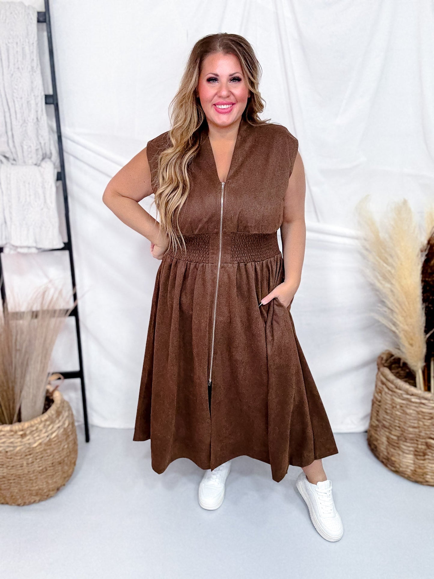 Brown Smocked Waist Twill Suede Shirt Dress